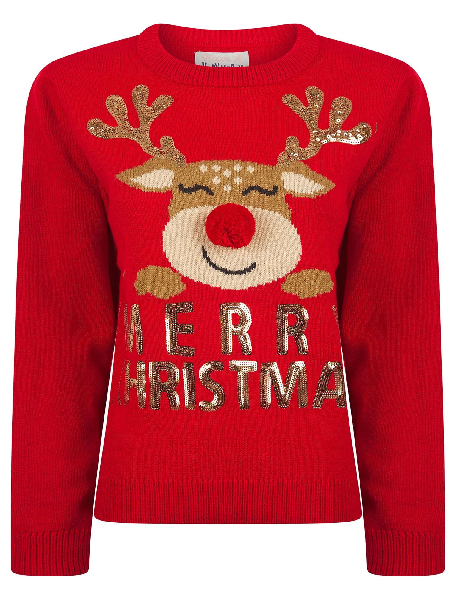 Tokyo Laundry Women's Happy Rudolph - Tokyo Red ’S Happy Rudolph Motif Novelty Sequinned 3D Pom Pom Christmas Jumper In Tokyo Red - Merry Christmas - 18