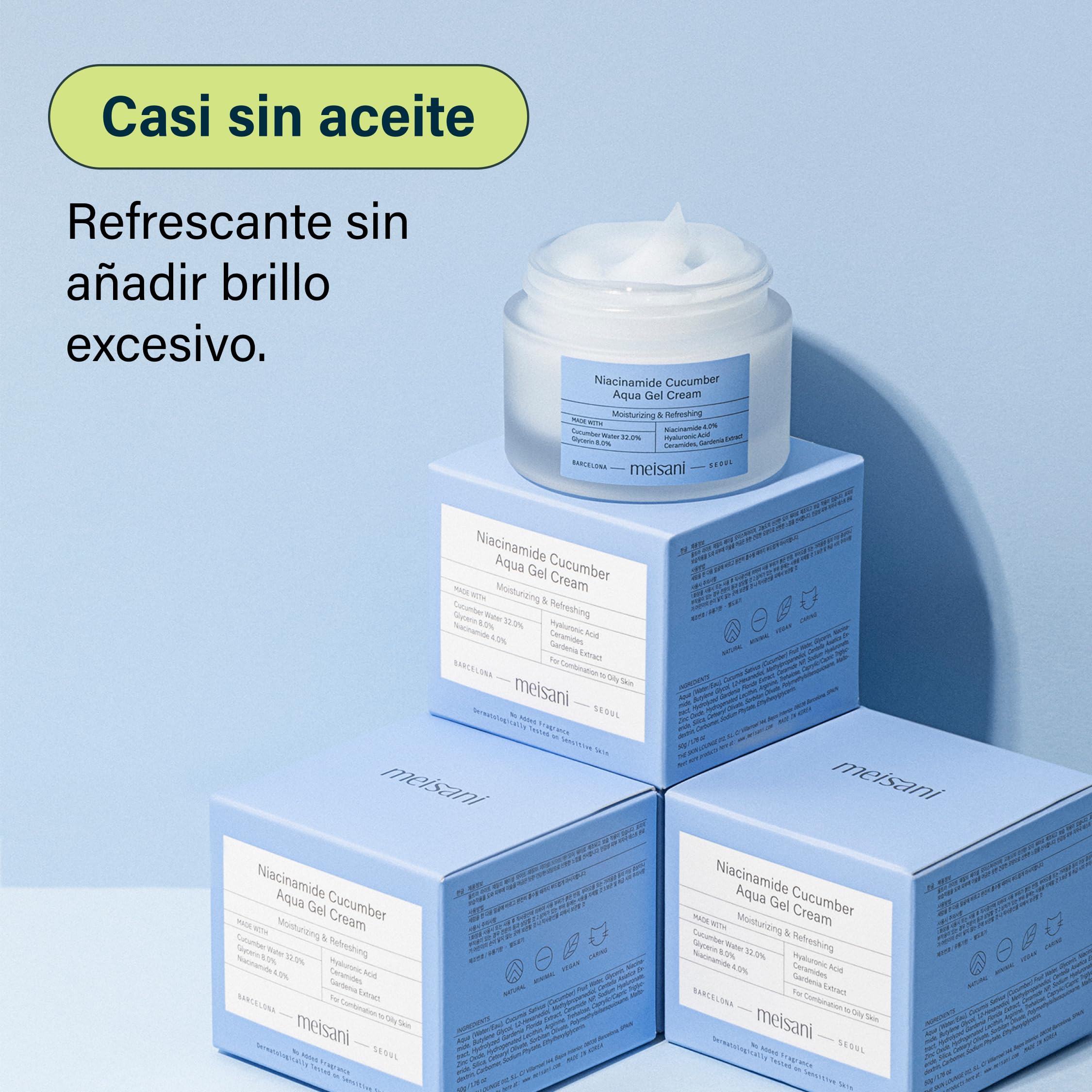 Meisani Niacinamide Cucumber Aqua Gel Cream, Crema facial refrescante con pepino y niacinamida, textura gel (50ml)