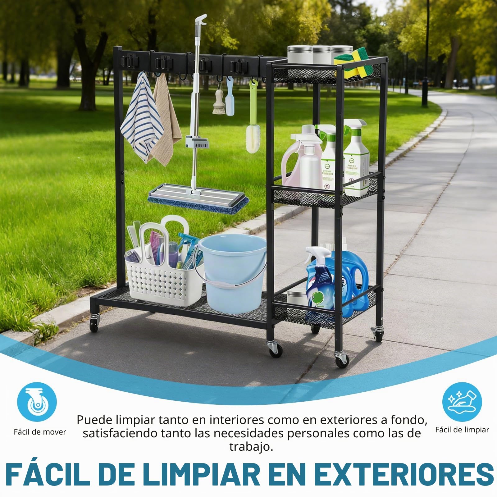Carro de limpieza 85 × 62 × 30 cm – Carro de limpieza móvil con soporte para fregona y soporte para escobas, 6 ruedas con 3 frenos, 6 soportes para herramientas y 2 ganchos dobles, 3 estantes – Hogar