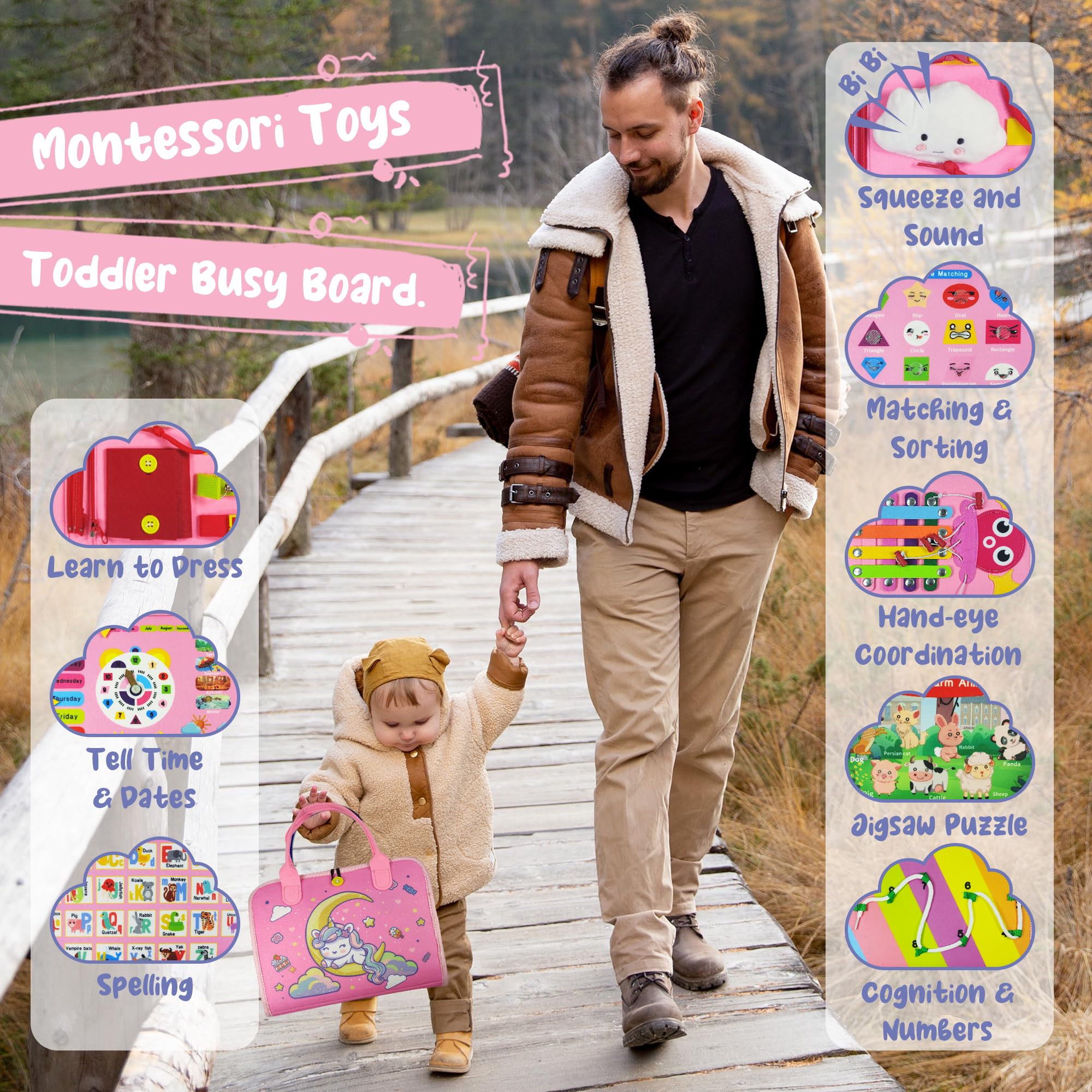 TenFans Busy Board - Juguetes Montessori para niños de 1, 2 y 3 años, Juguetes sensoriales para niños pequeños de 1 en adelante, Regalos para niñas Que aprenden Habilidades motoras Finas, Actividades