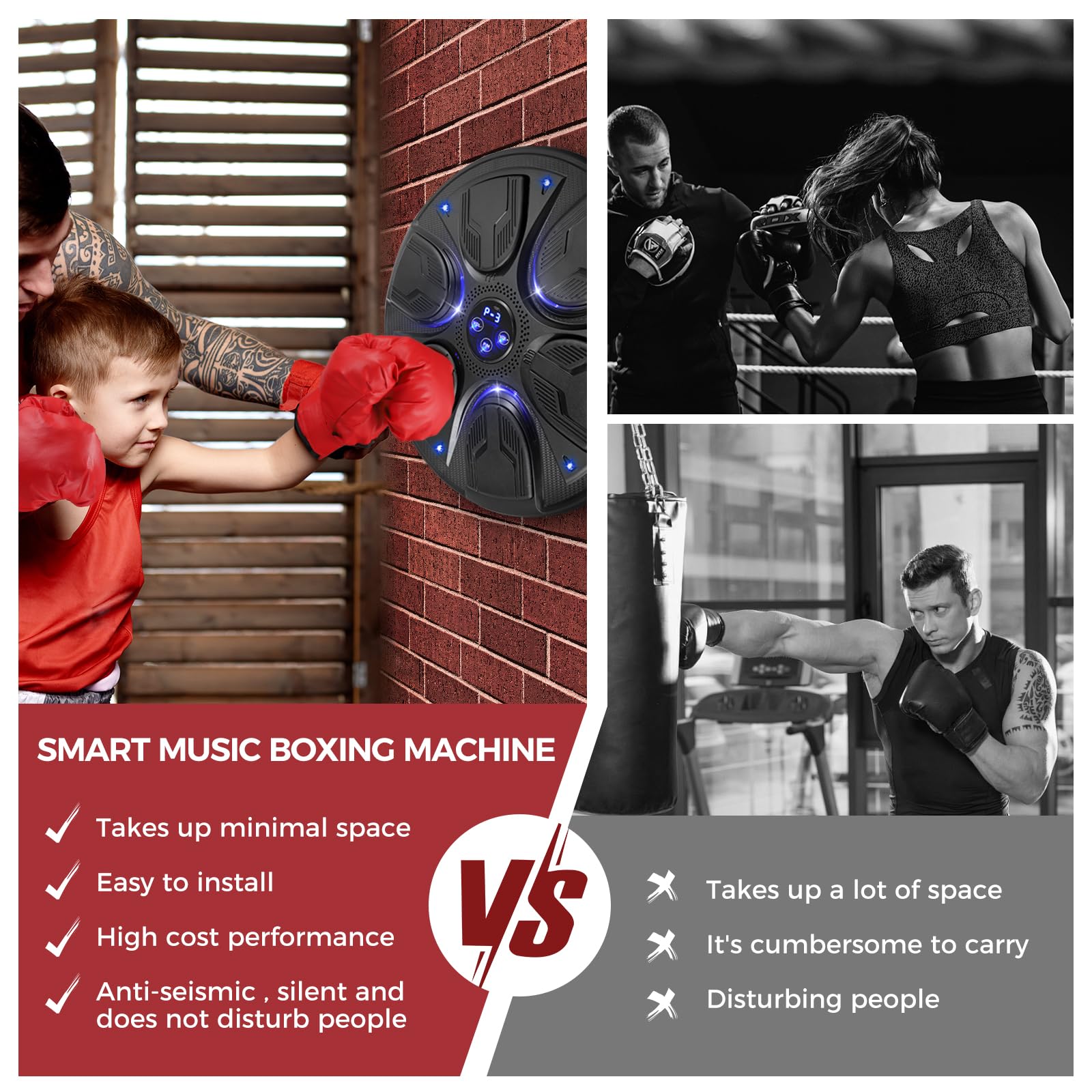 Towwoo Macchina della Boxe Montata al Muro, Astuti Cuscinetti di Punzonatura Dell'Attrezzatura della Boxe Musicale con La Luce del LED, Obiettivo Elettronico della Boxe con La Musica di Bluetooth