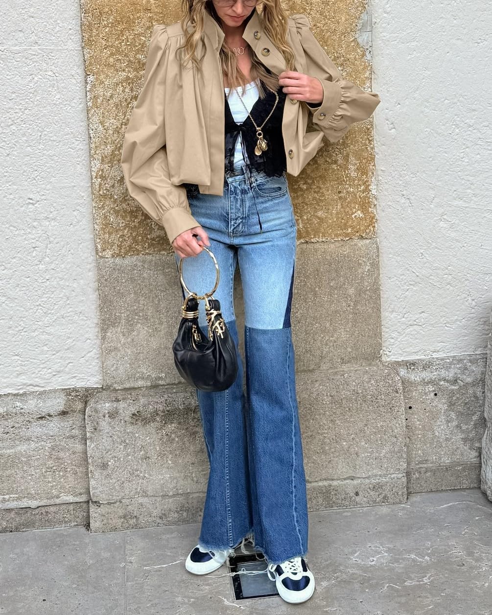 CHARTOU Women Fall Pleated Cropped Jacket Coat Stand Collar Single Breasted Puff Sleeve Trench Outwear Coat