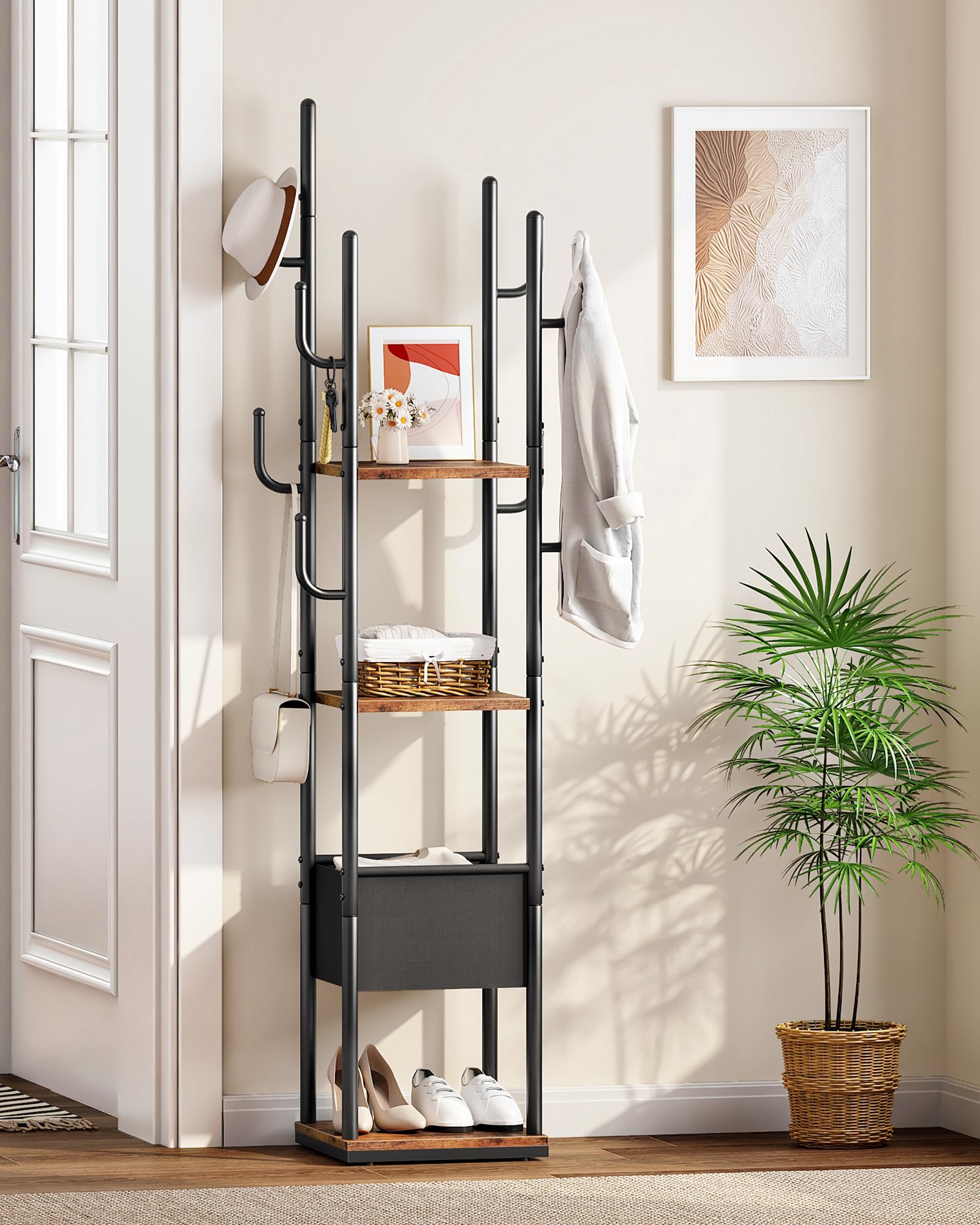 CHOEZON Kleiderständer, Garderobenständer mit Kleiderstange und Haken, Garderobe mit Ablagen, Vielseitiger Coat Rack, für Schuhe, Kleidung, Taschen, Hüte, Vintagebraun und Schwarz DTYM03BF