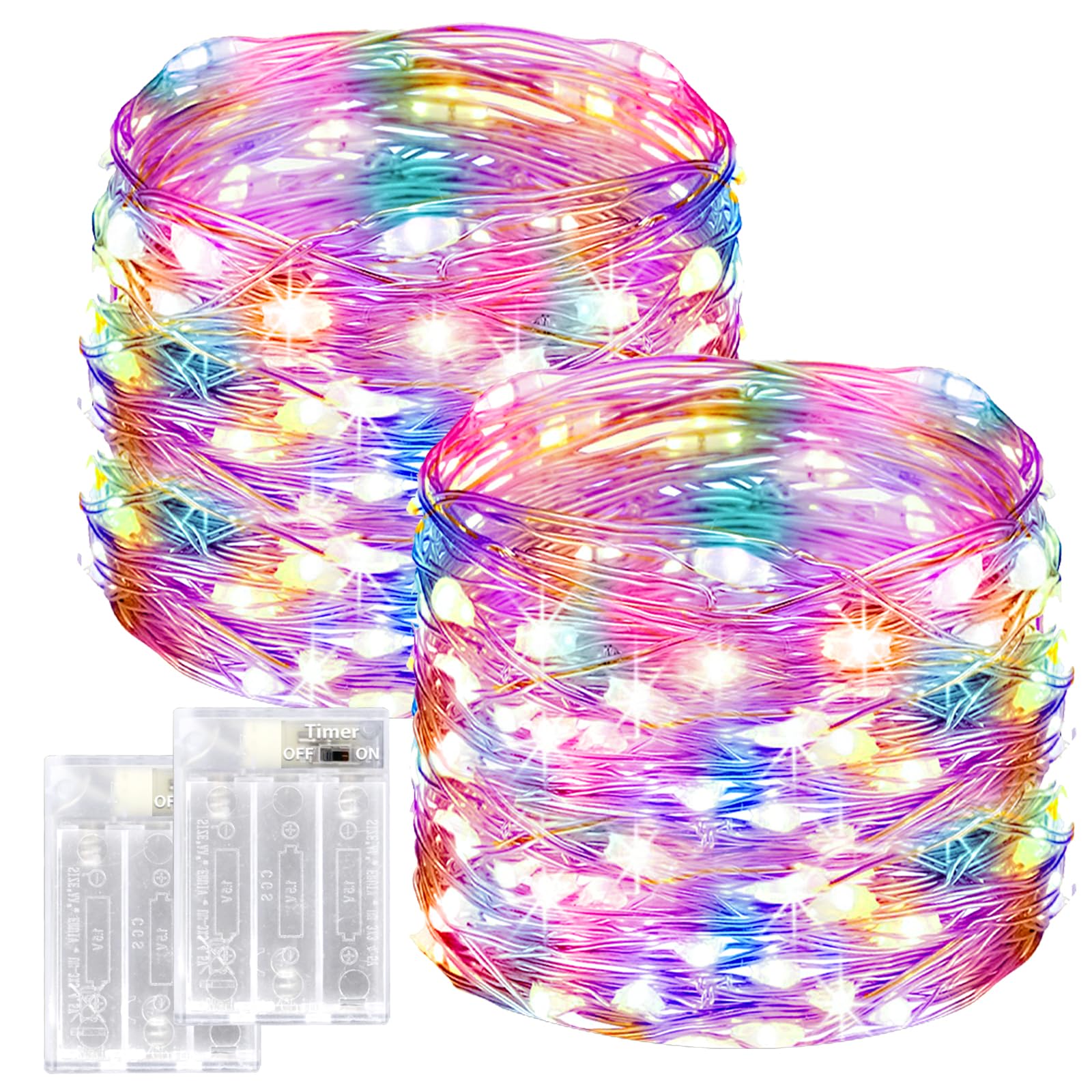 btfarm 2 Stück LED Lichterkette Batterie mit Timer, 12M 120 LED Mini Kupferdraht Lichterkette, Lichterketten Batteriebetrieben (AA Batterie) für Party Weihnachten Hochzeit Innen Deko, Mehrfarbig