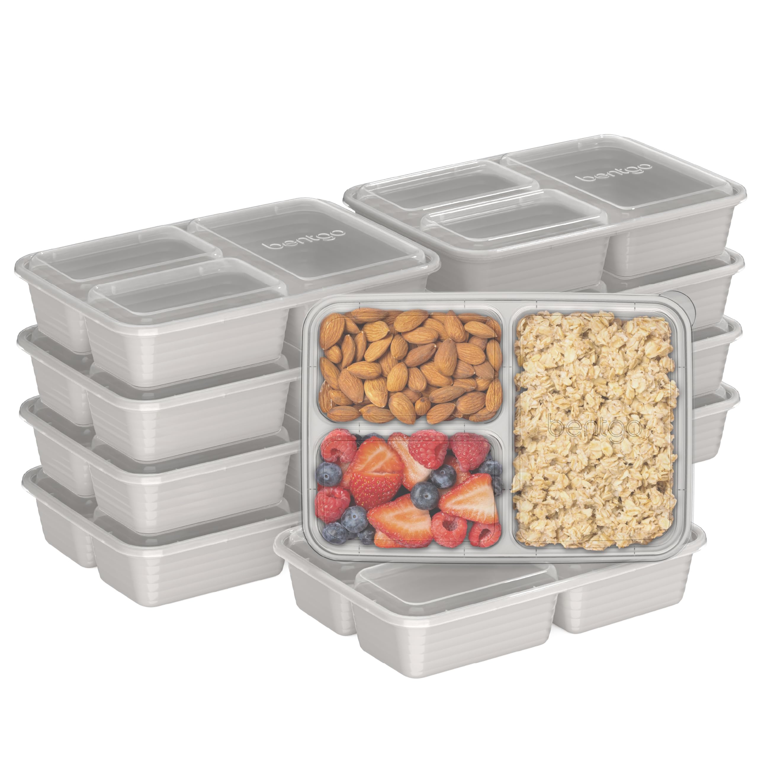 Bentgo Prep - 20-Piece 3-Compartment Reusable Meal Prep Containers with Lids, PFAS & BPA Free Materials, Durable, Microwave, Freezer, & Dishwasher Safe To Go Food Storage (Stone Gray)