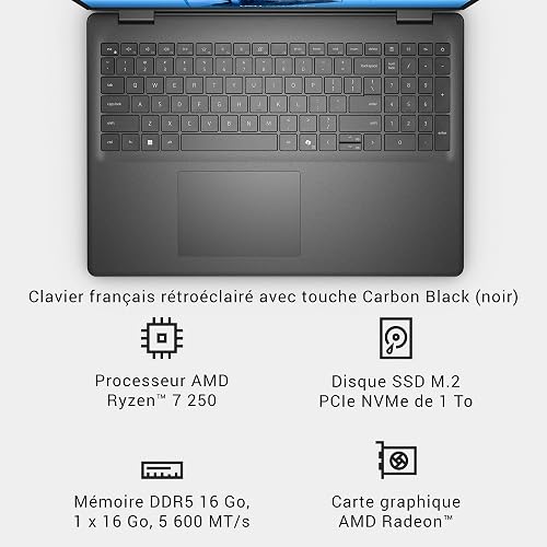 Dell 16 x DC16255 AMD Ryzen 7 250 16" 2K (1920x1200) Anti-Glare AMD Radeon 16GB DDR5 RAM 1TB SSD Windows 11 Home AZERTY Backlit Keyboard - Carbon Black - 9