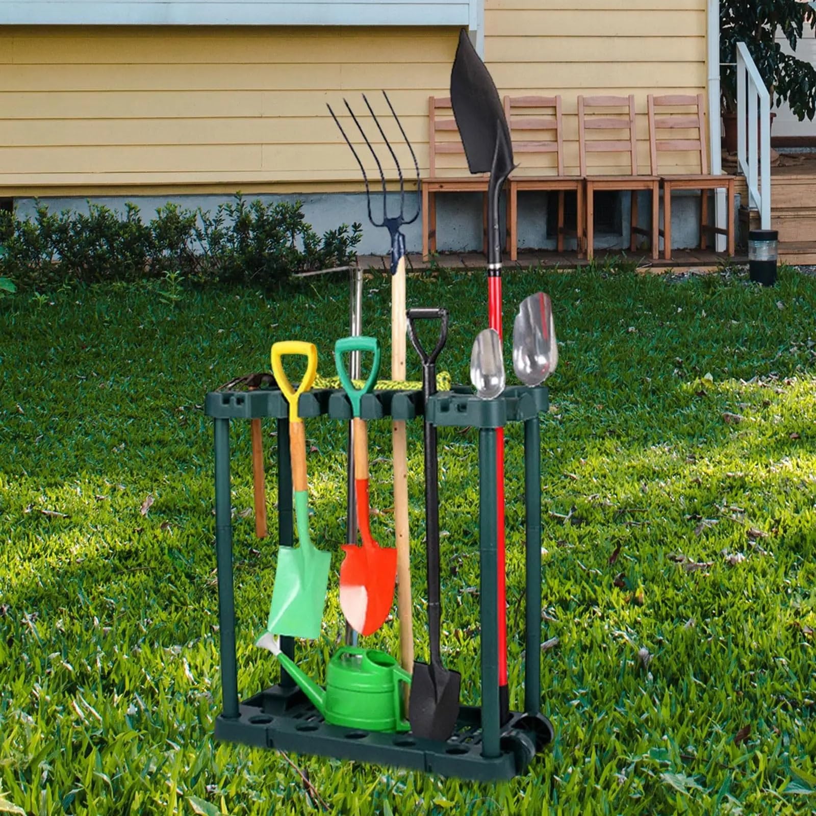 Gartengeräte Aufbewahrung Organizer for Gartengeräte, Rechen, Schaufeln, Gestell mit Rolle, Allzweckgestell, Mopp- und Besenhalter for Schuppen, Innen- Außenbereich, Waschküche, Garage