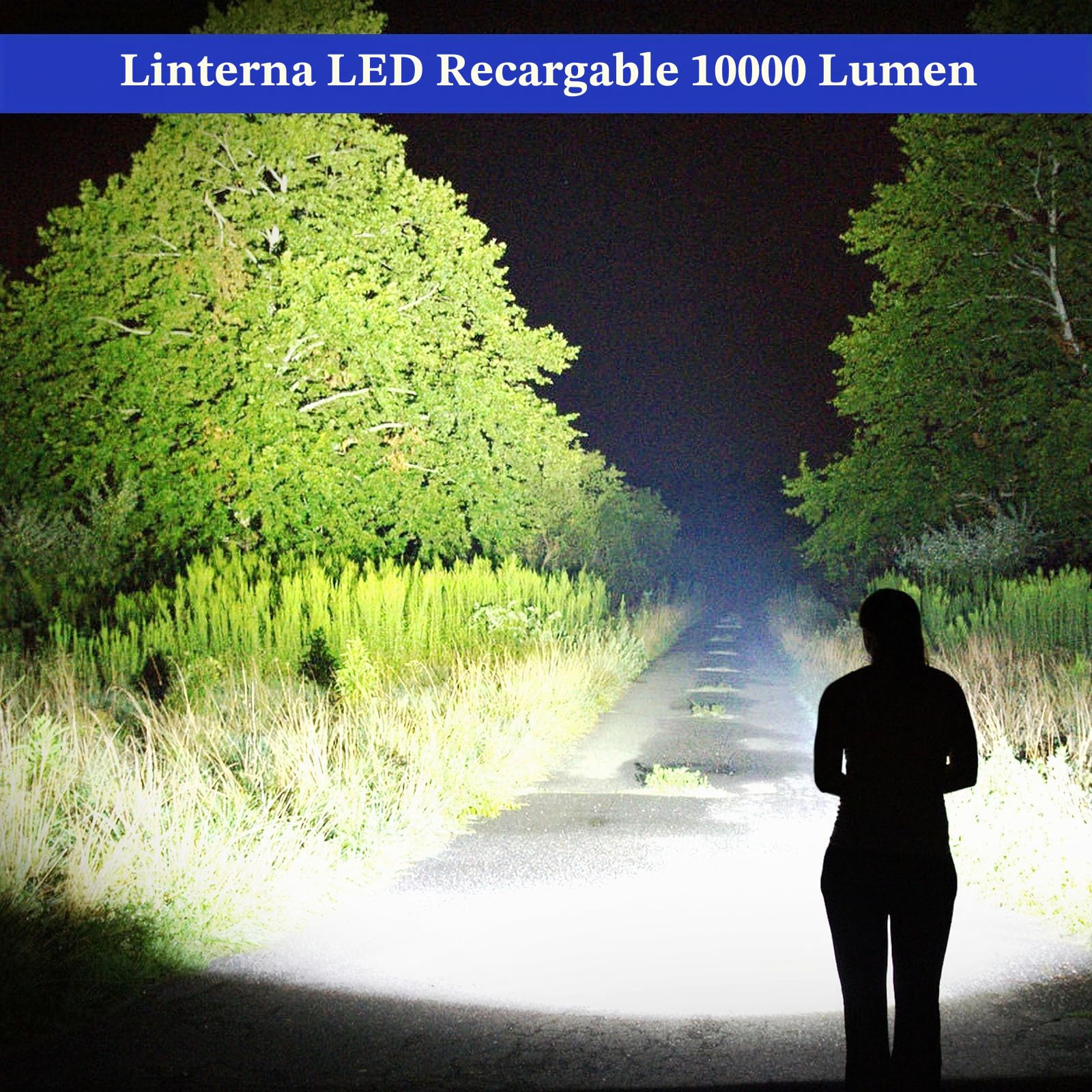 JAY-PARK Linterna LED recargable de 10000 lúmenes, linterna súper brillante con pantalla de alimentación digital y zoom, linternas de alto lúmenes recargables para camping, exteriores
