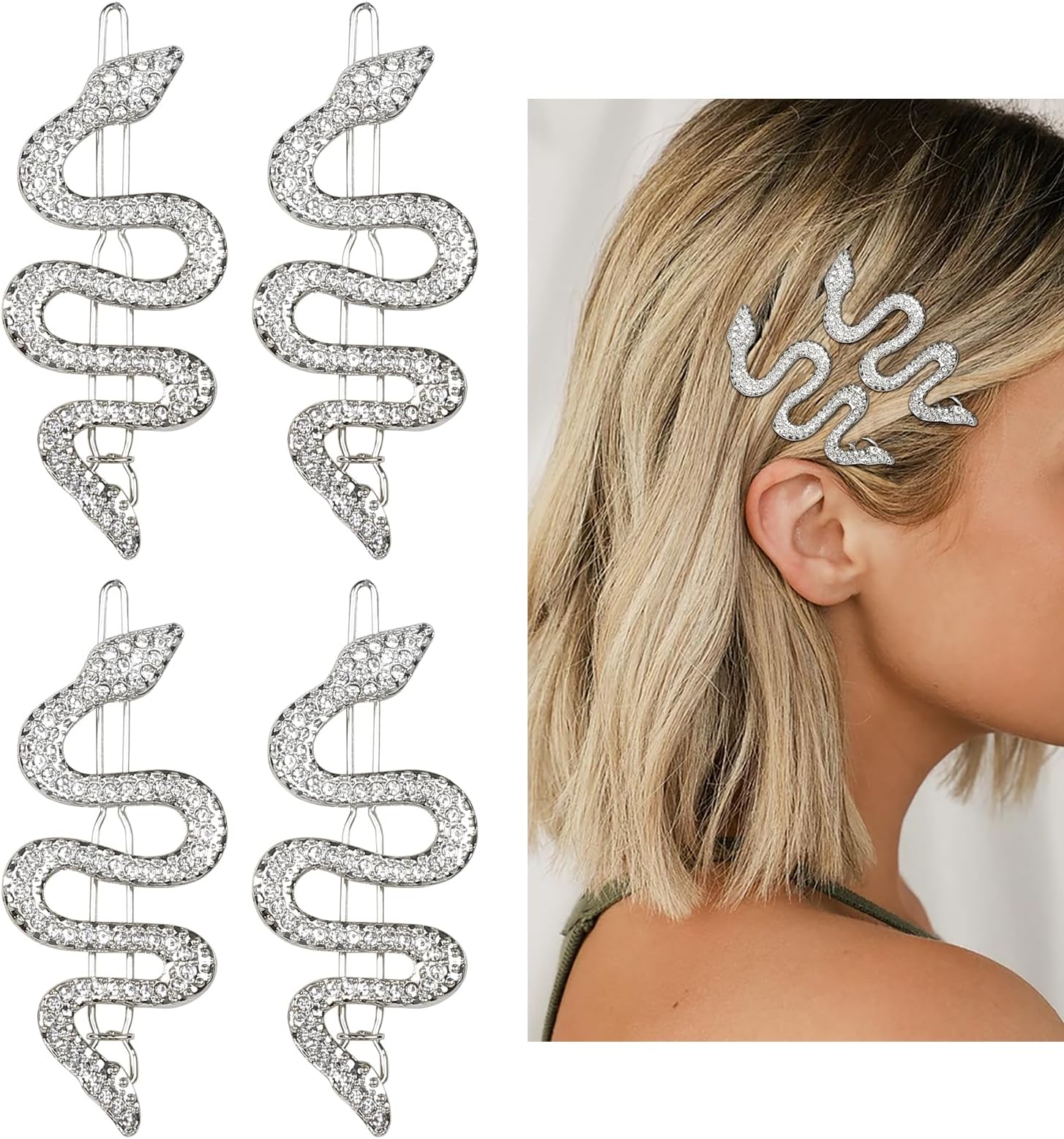 Snake Hair Pins with Sparkly Rhinestones Hair Clips, 4 Pcs Alloy Snake Hair Clips Set, Crystal Hair Accessories Headdress for Girls and Women
