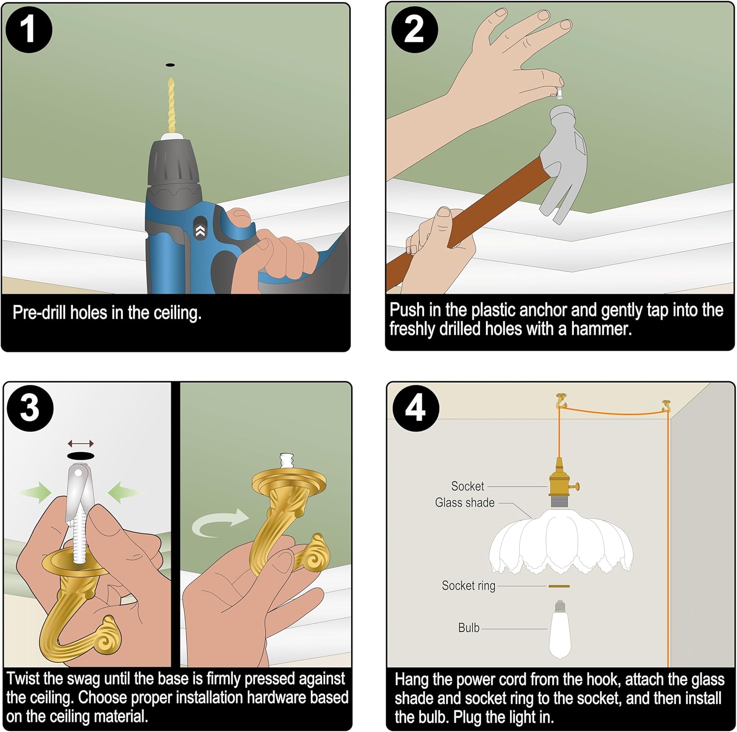 Plug-in Pendant Light Fixture, Hanging Light Fixture, Glass Pendant Light, Swag Lamp with Inline On/Off Switch for Kitchen Island, Bedroom, Dining Room, Living Room (Clear Lotus, Plug-in)