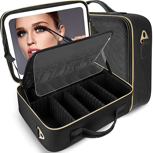 Estuche de maquillaje de viaje, bolsa de maquillaje de viaje con espejo iluminado, bolsa de maquillaje portátil, organizador de 3 ajustes de color,