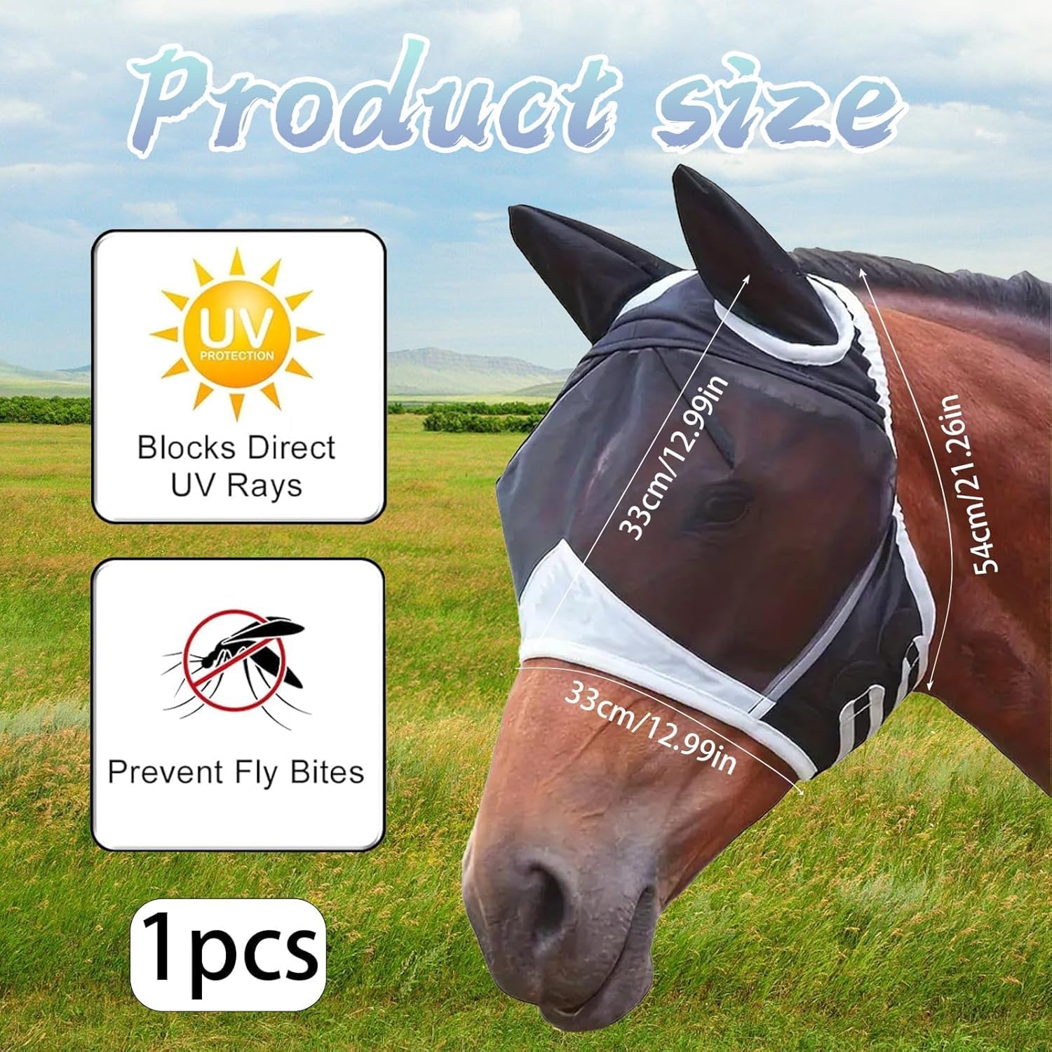 Maschera per mosche a cavallo nero protezione UV con orecchie rete traspirante 90x47x28 cm