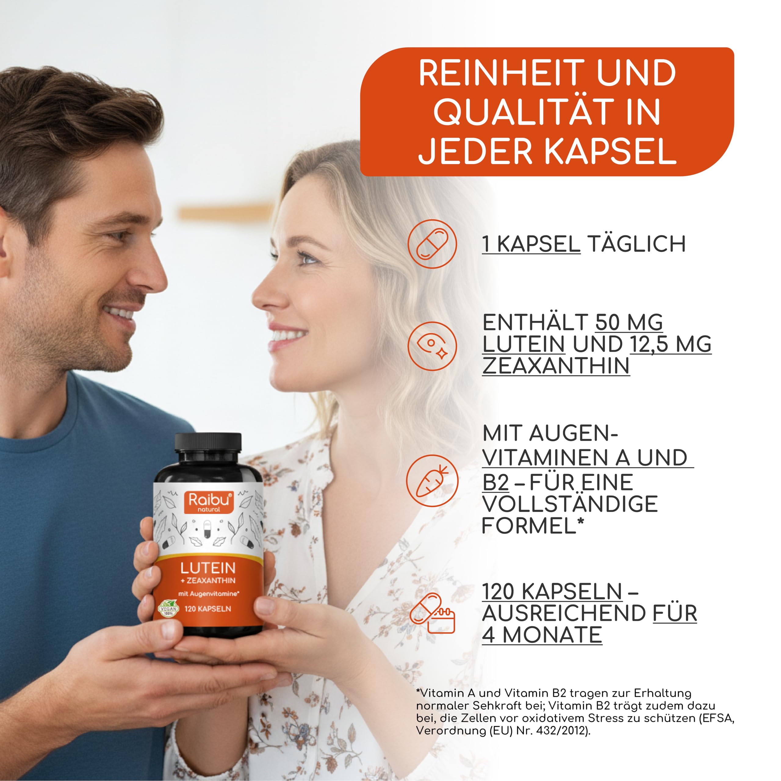 Lutein Zeaxanthin Kapseln, Augenvitamine hochdosiert - 50mg Lutein + 12,5mg Zeaxanthin - 4 Monatsvorrat Augen Kapseln - Mit Vitamin A & B2-1 Kapsel täglich - Vegan & natürlich