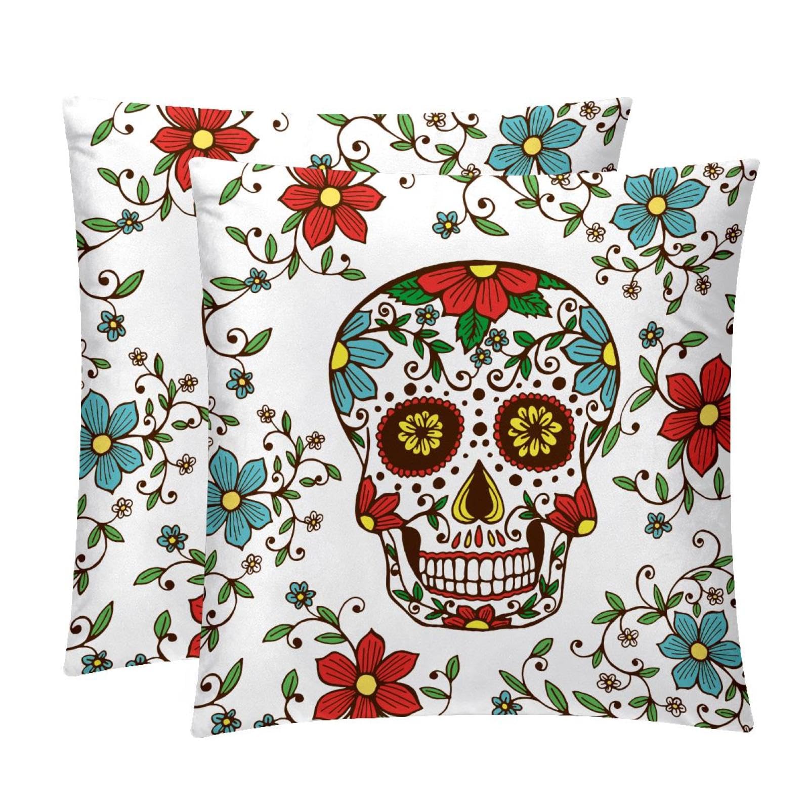 TDGKPZ Skull Flower Throw Pillow Covers 2 Pack Cushion Cases Decorative Pillow Cases Home Decor 50x50cm