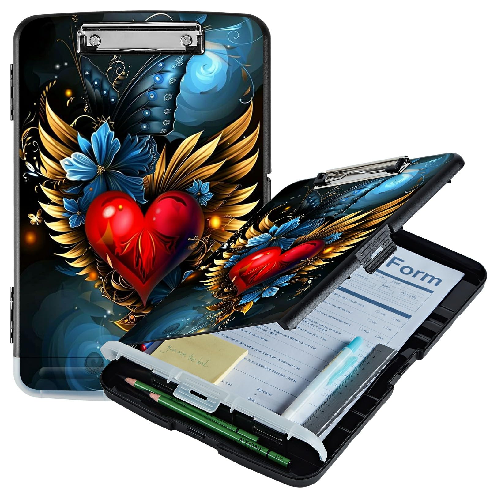 RWUTYTIUL Winged Heart A4 Clipboard with Storage Pen Holder, Clipboards Organizer Nursing Clipboard Foldable File Folder Plastic Clipboard Folio Clip Board for Office Students Classroom Doctor