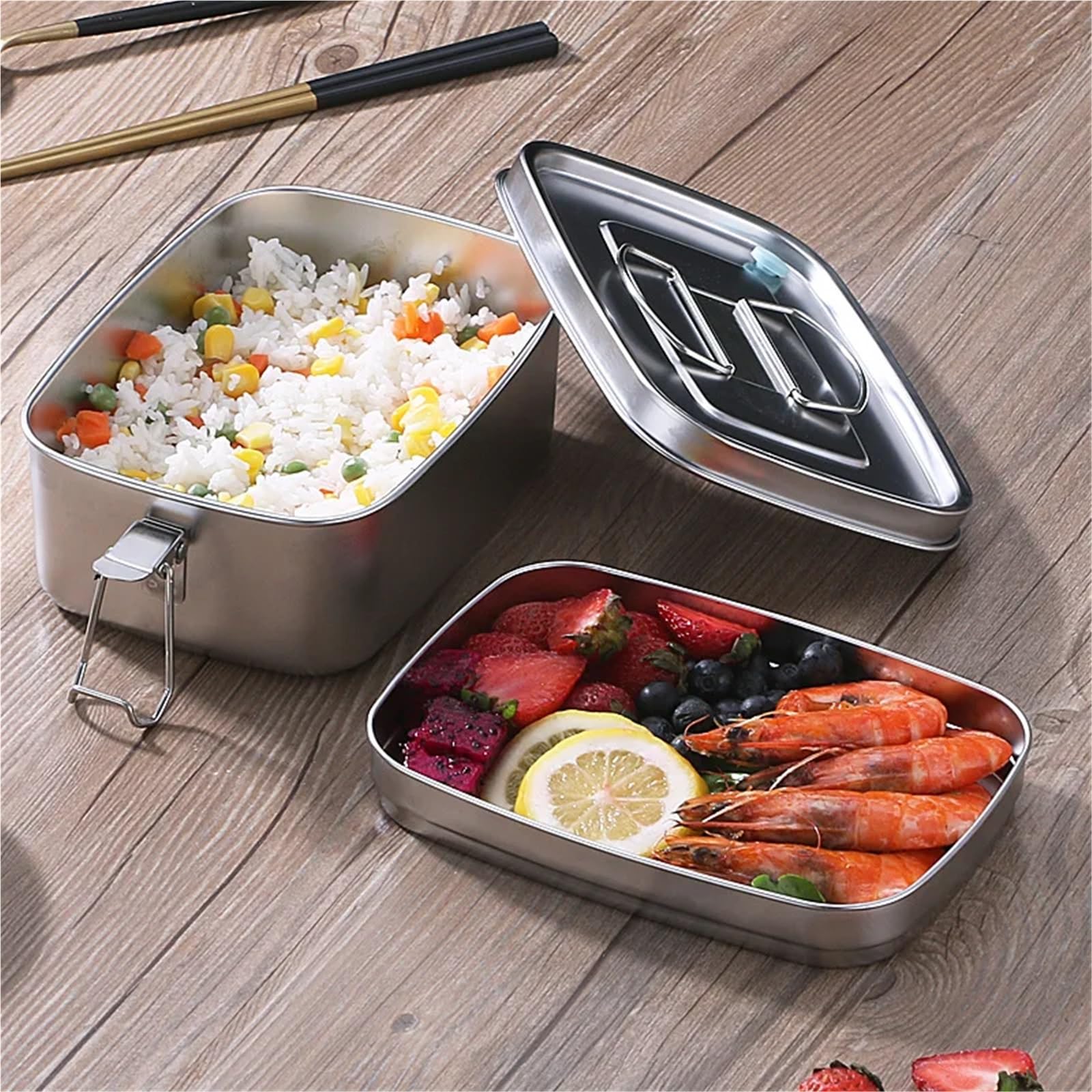 Fiambrera de acero inoxidable con tapa, gran capacidad, doble capa, antifugas, for almacenar alimentos, vajilla cocina Meal Prep Containers(Double Layer 1.5L)