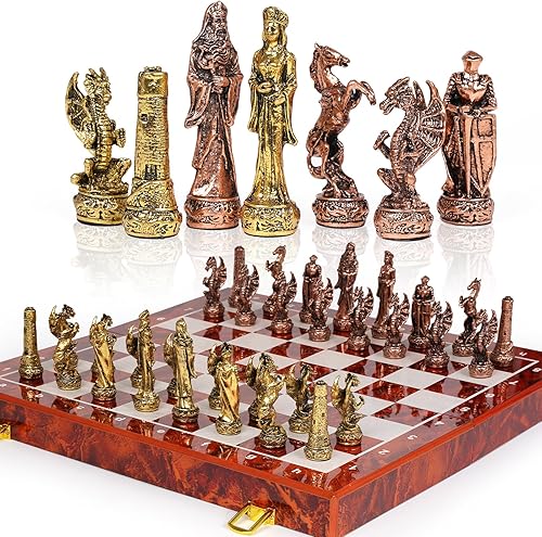 Juego de ajedrez vintage de metal para adultos y niños, tablero de madera de 15 pulgadas con piezas de metal, juego de ajedrez de viaje, juego