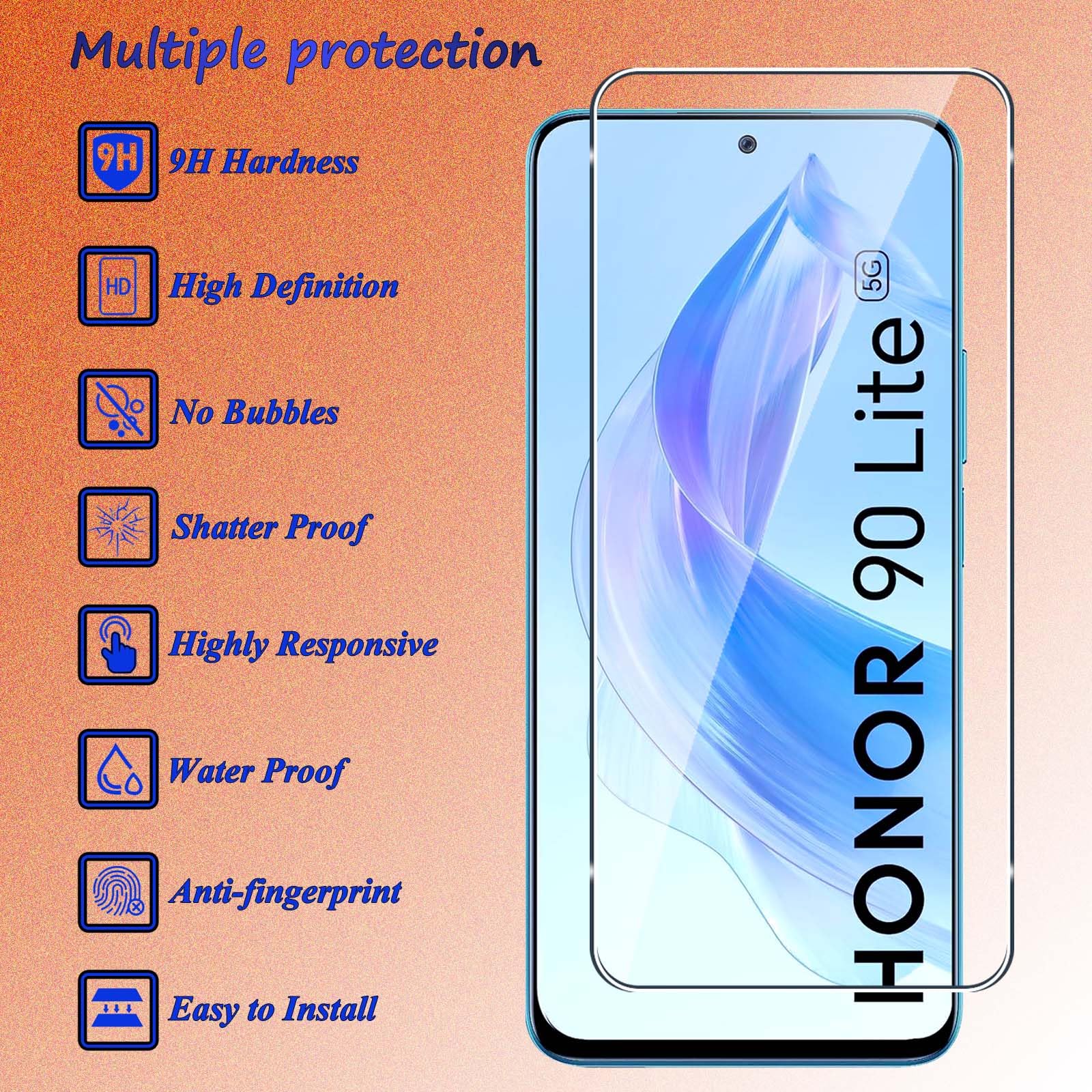IQShield Vetro Temperato Per Honor 90 Lite (2 Pezzi) | Pellicola 3D 9H HD, Anti Graffio, Oleofobica, Copertura Totale