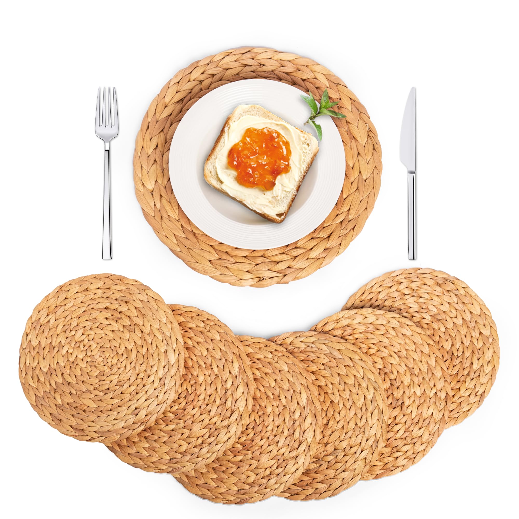Defined Deco Woven Placemats Set of 6,13" Round Rattan Placemats,Boho Placemats,Water Hyacinth Placemats,Farmhouse Place Mats,Wicker Table Mats,Plate Chargers for DiningTable,Party,Wedding,Christmas.