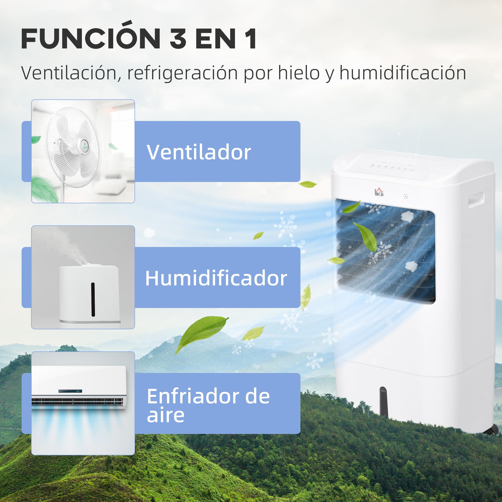 HOMCOM Climatizador Evaporativo 3 en 1 15L con Humidificador y Ventilador Portátil, 3 Velocidades, Temporizador 7,5H, Control Remoto, Oscilación 60°, 37x32x78 cm Blanco
