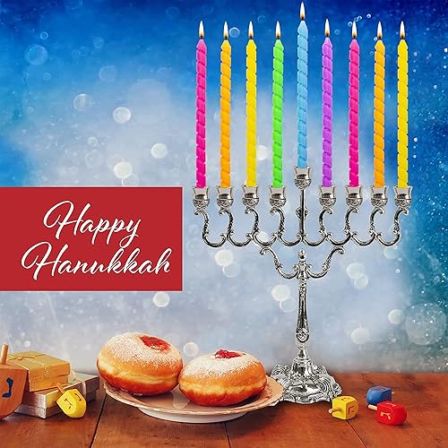 Miniatura 7 de Ner Mitzvah Velas de Janucá sin goteo de tamaño estándar, velas de Hanukkah multicolor grabadas con ondas que se adaptan a la mayoría de menorás