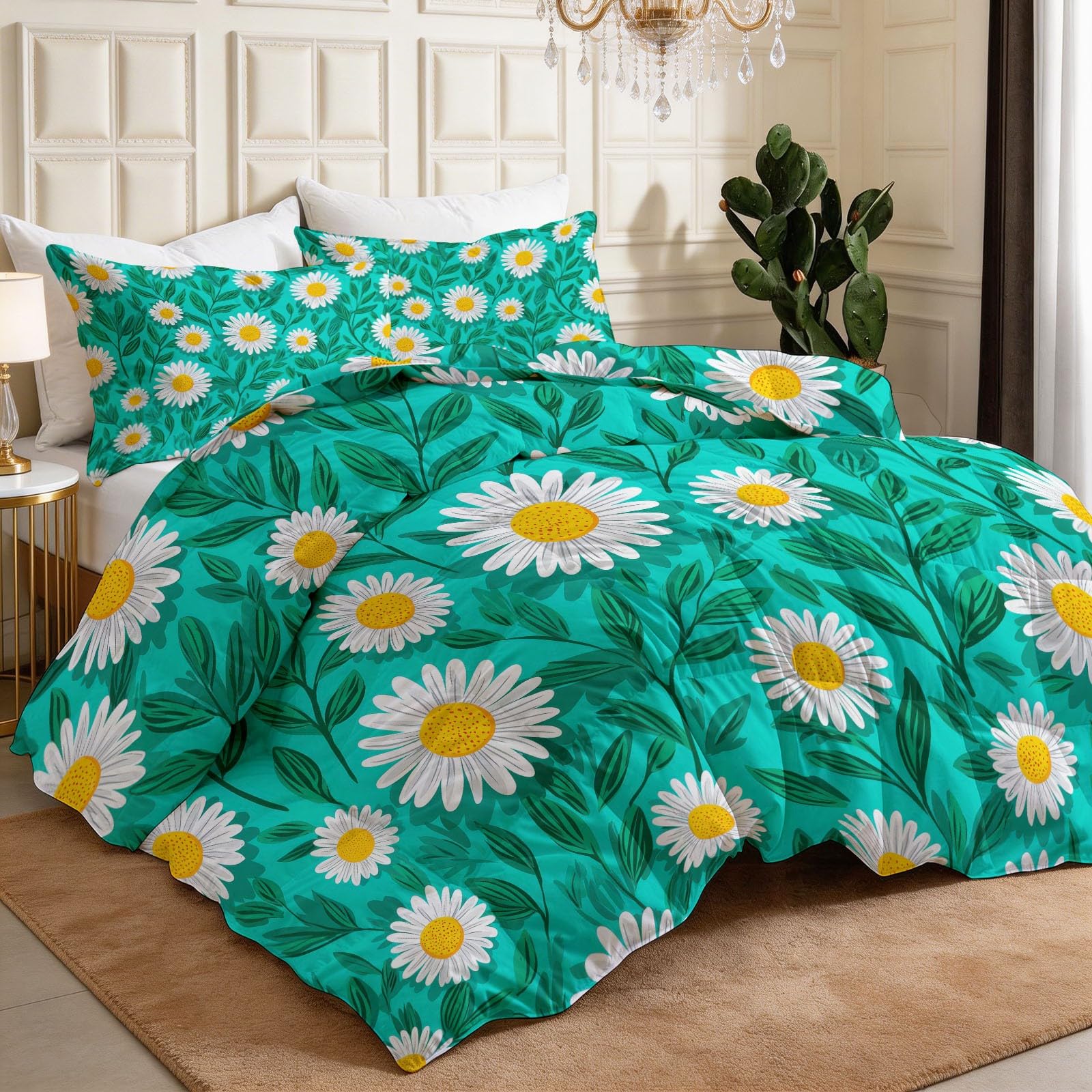 Generisch Bettdecke ohne Bezug 135 x 200 cm Set mit 2 Kissenbezügen, Ganzjahresdecke Waschbare Steppdecke, 3-teilige Botanisch Gänseblümchen Blume Wendebettdecke beidseitig identisch, Dunkelgrün