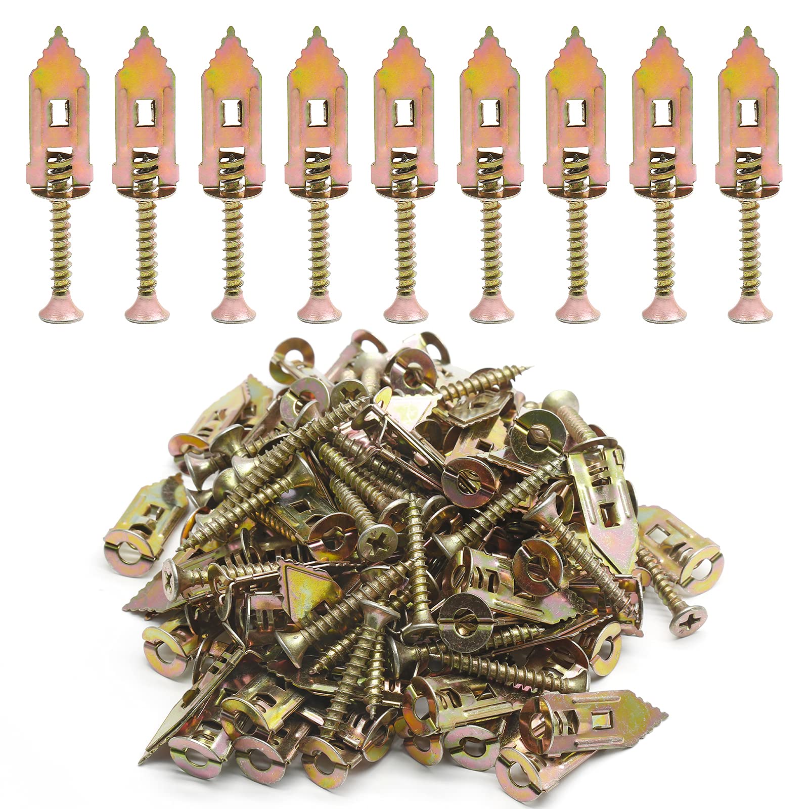 Rierdge 100 Pcs Zinc Self Drilling Drywall Anchors with Zinc Plated Screws, Wall Anchor Hooks, Heavy Duty Metal Toggle Anchors, No Drill Or Holes in Wall, Hangs up to 75 lbs