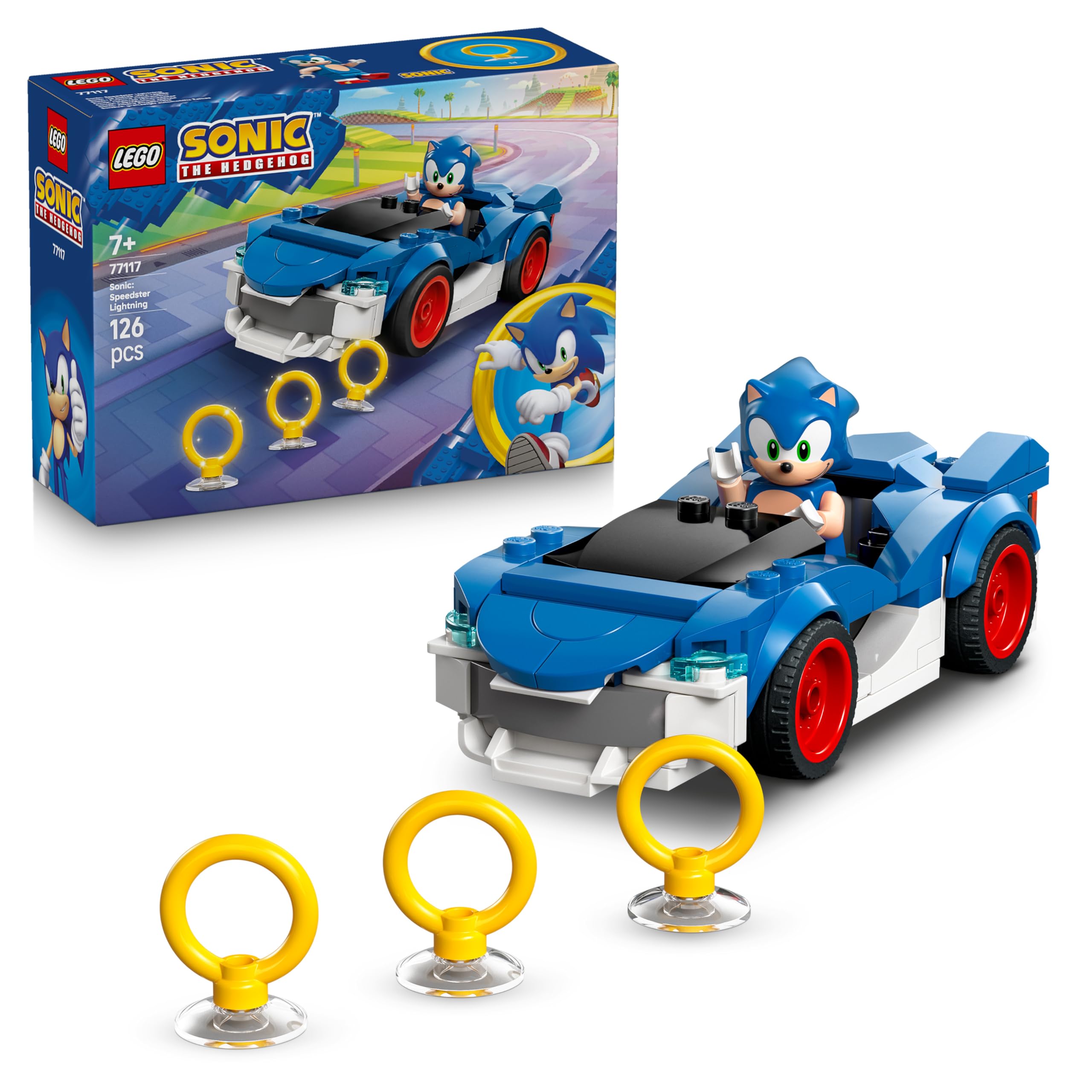 LEGO Sonic the Hedgehog: Sonic Speedster Lightning - Race Car Toy w/a Minifigure, Chaos Emerald & 3 Gold Rings - Gaming Gift for 7+ Year Old Boys & Girls - 77117