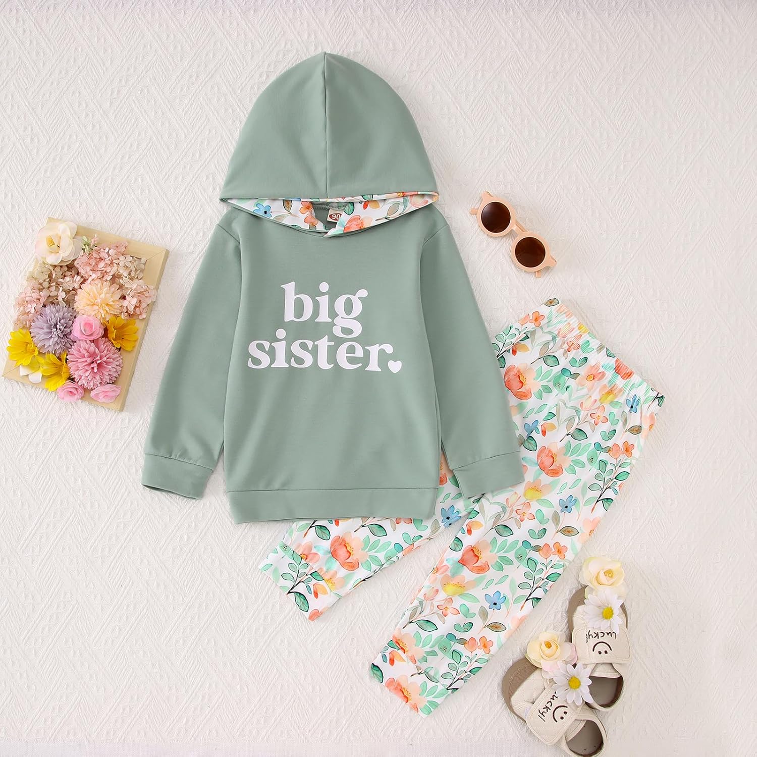 IZYJOY Big Sister Outfit Toddler Baby Girl Big Sis Announcement Hoodie Sweatshirt Floral Pant Set Fall Winter 2Pcs Clothes - Image 2