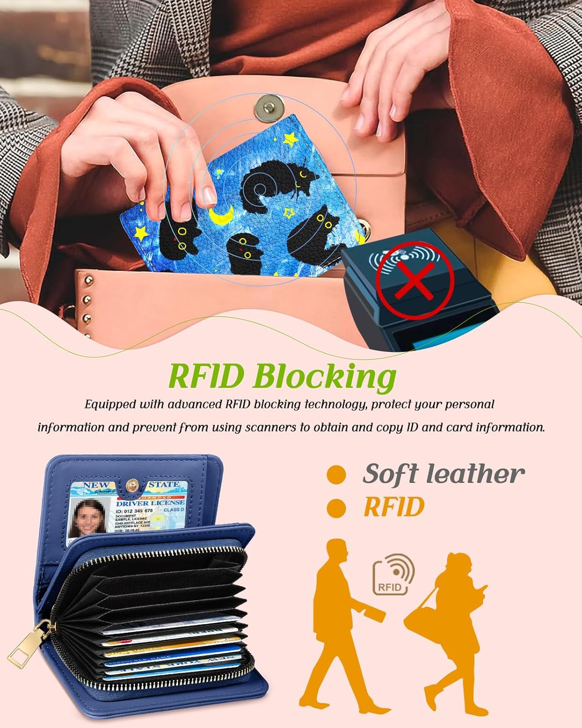 Bistup Credit Card Holder Wallet for Women Cute Leather Ladies Teen Girls Female Cardholder Wallets Accordion Purse Small Medium Aesthetic Print Cat Modern Design Rfid Zipper Around - Image 5