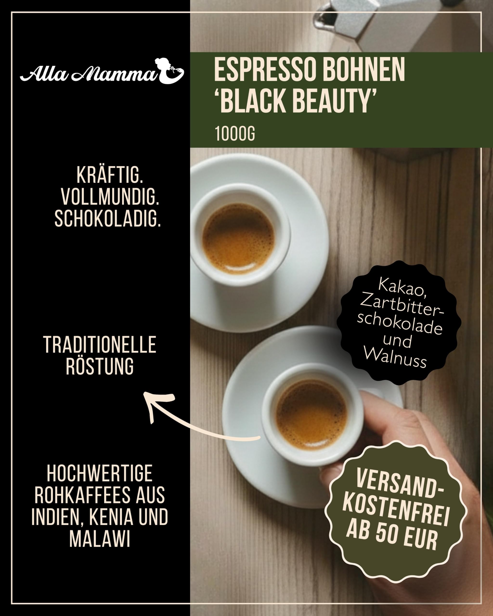 Alla Mamma Black Beauty Espresso I 1000g Ganze Kaffeebohnen I Italienischer Kaffee I 100% natürliche & authentische Espressobohnen I Arabica & Edelrobusto I Ideal für Siebträger, Vollautomat & Mokka