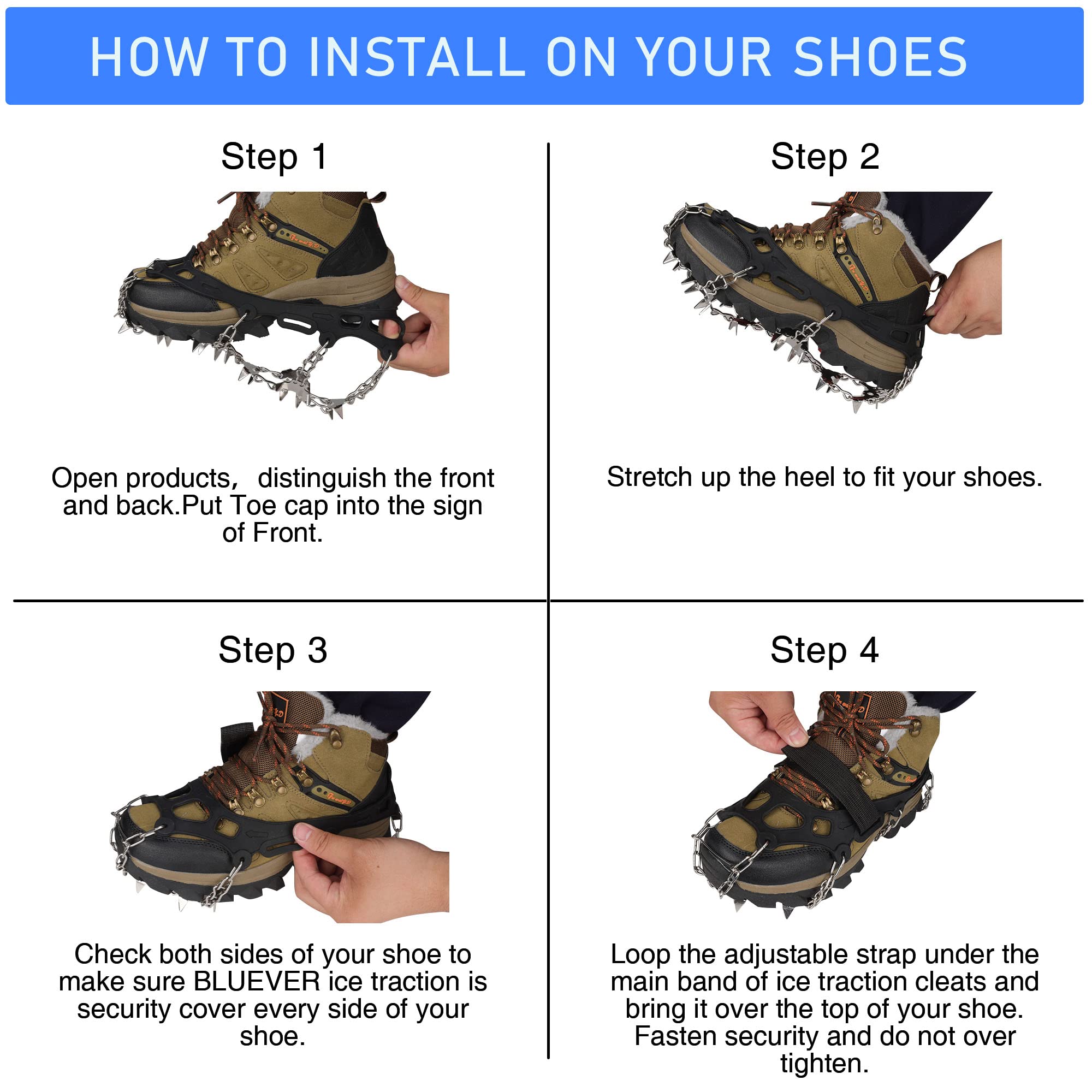 Crampones, 32 Dientes Tacos de Hielo Tracción Antideslizante Empuñaduras de Nieve para Botas Zapatos para Caminar, Senderismo, Escalada, Pesca y Montañismo