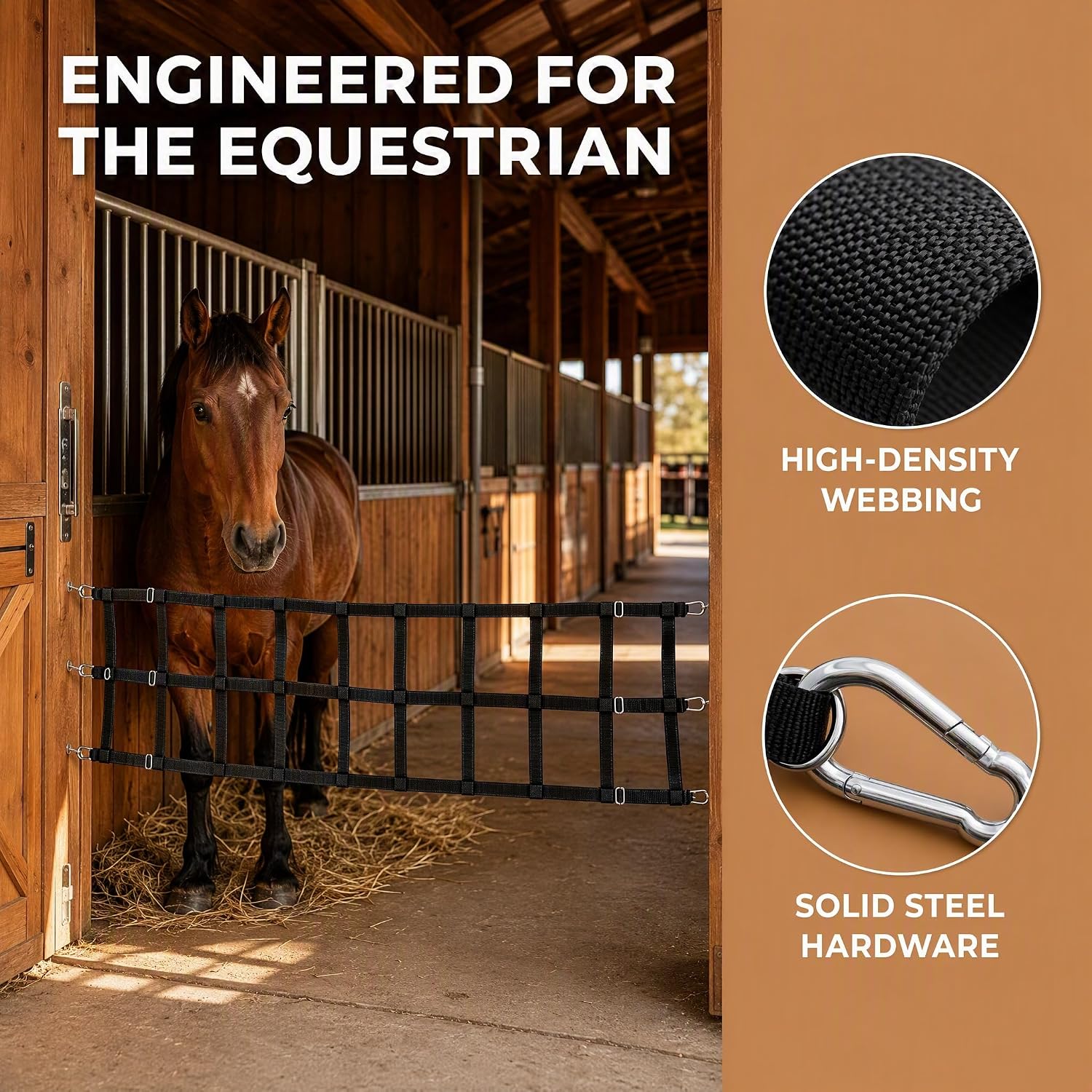 10' x 20" Polyester Horse Stall Guard, Black Adjustable Stall Net with 6 Eye‑Screws & 6 Hooks, for Stables, Barns & Breeding Farms, Keep Horses Safe