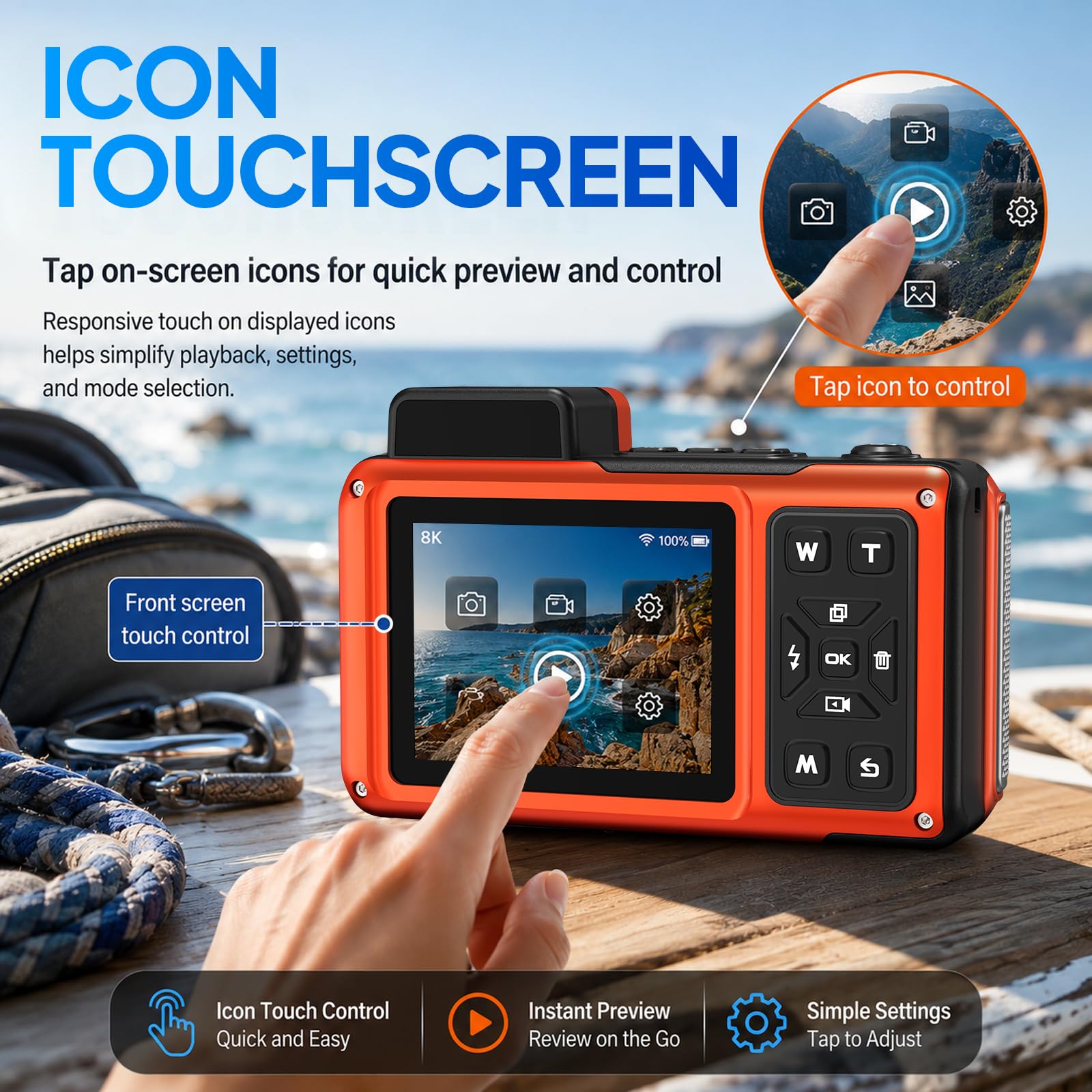 Maxmango V08 Pro 49FT Unterwasserkamera, 8K 90MP WiFi wasserdichte Digitalkamera mit 2,88-Zoll-Touchscreen, Staub- und Stoßfest, ideal zum Schnorcheln, Tauchen und Reisen,32GB Karte, Orange