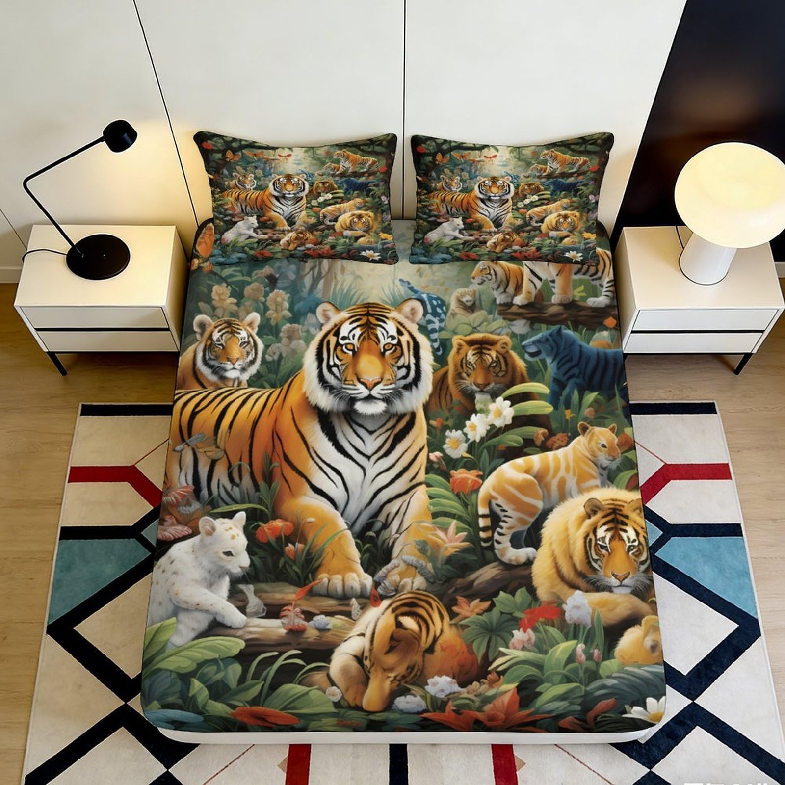 3D Printed Jungle Tiger Fitted Sheet Microfiber Soft Animal Forest Bed Cover for Bedroom Guest Room Decor 90x200x25cm