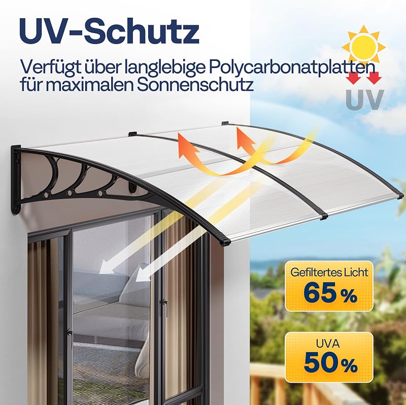 VIVOHOME 200x100cm Polikarbonát Ajtó Előtető Átlátszó Íves Esővédelem Napsugárzás Elleni Védelem