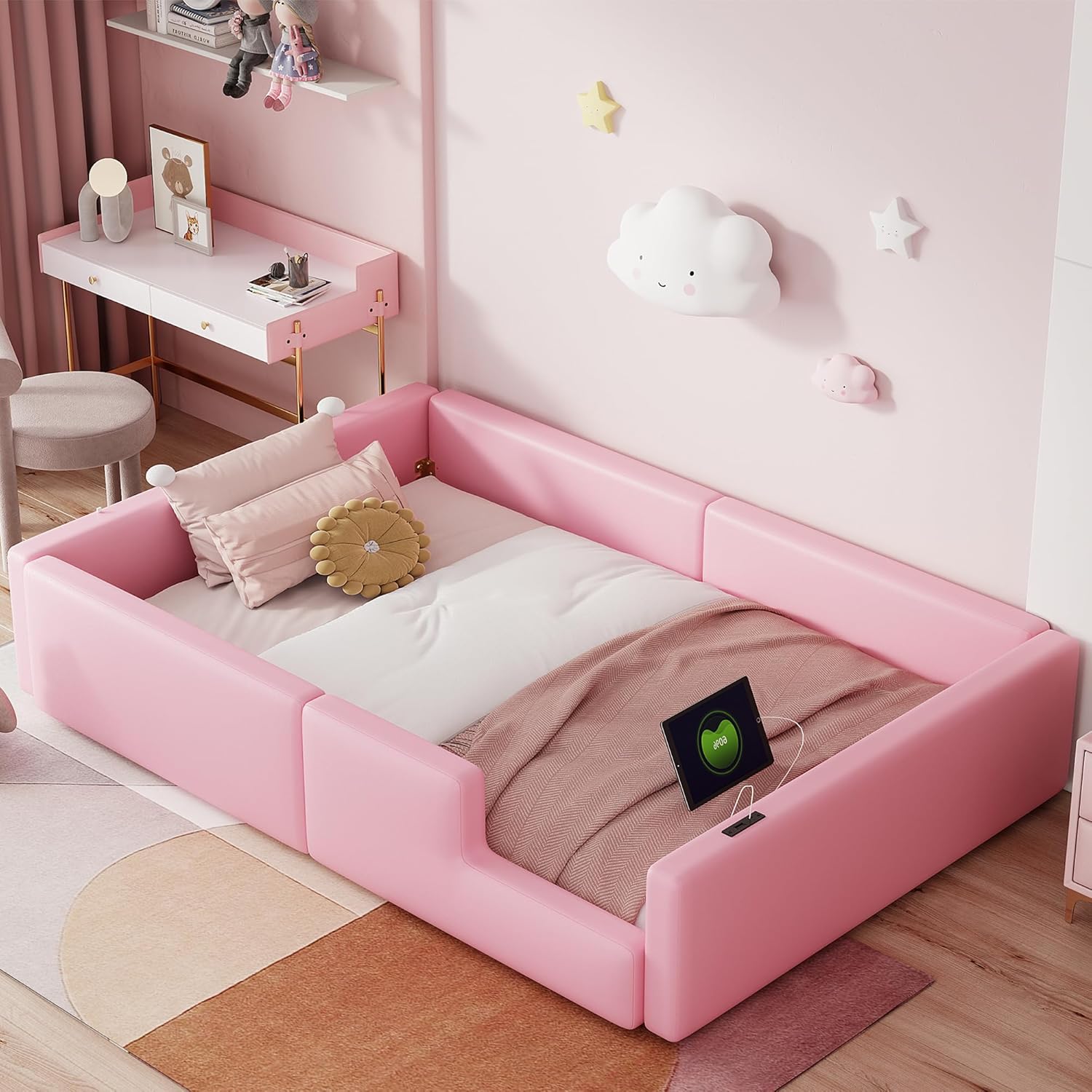Twin Floor Bed Frame Toddler,PU Upholstered Kids Platform Bed with Guardrail & Charging Station,Low Profile Montessori FloorBed Twin with Wood Slats for Boys Girls,No Box Spring Needed,Pink