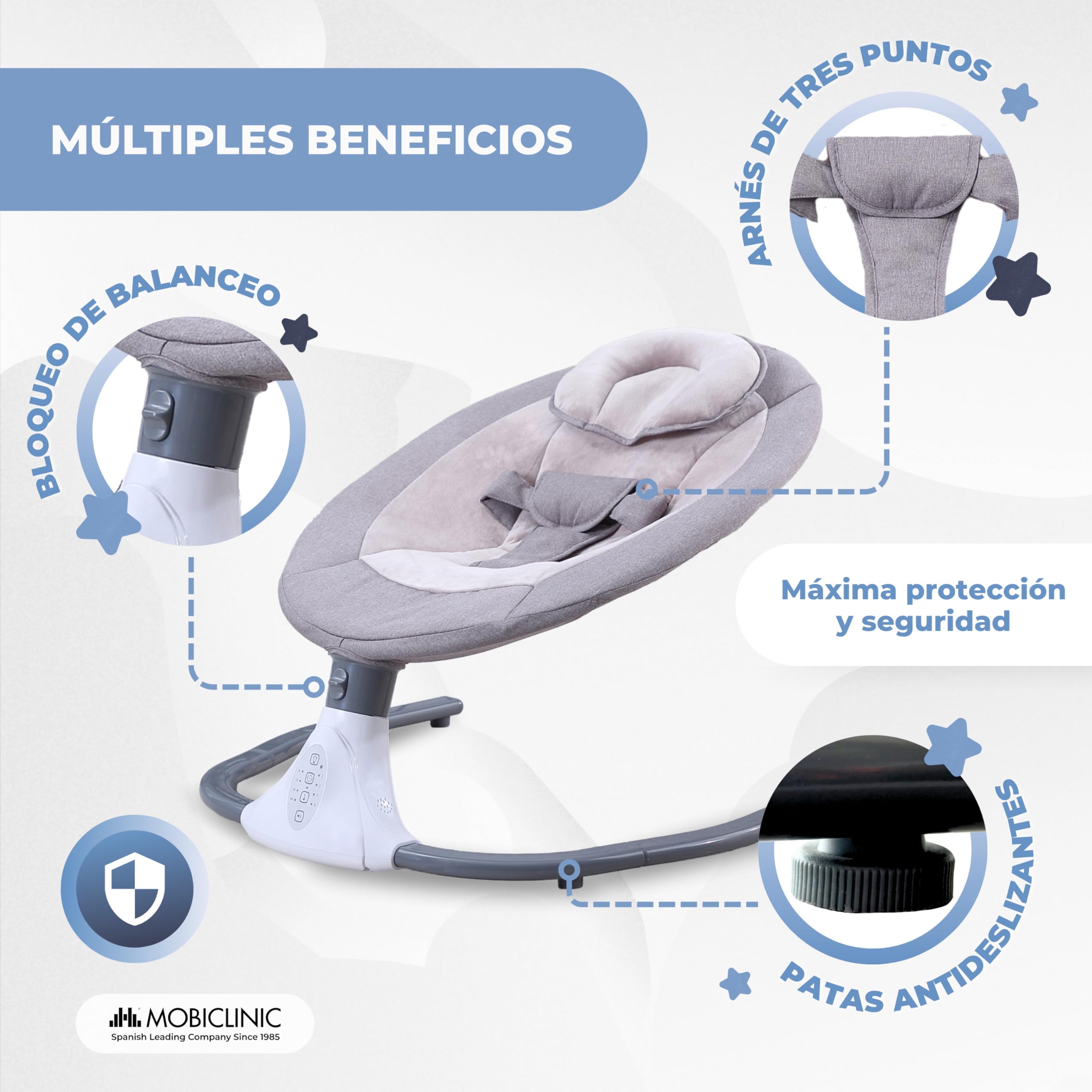 Mobiclinic® kids, Hamaca mecedora, Tuktuk, 4 velocidades ajustables, 0 meses a 18 kg, Arnés de 3 puntos, Mando distancia, 12 canciones incorporadas, Juguetes, Mosquitera, Bluetooth y usb