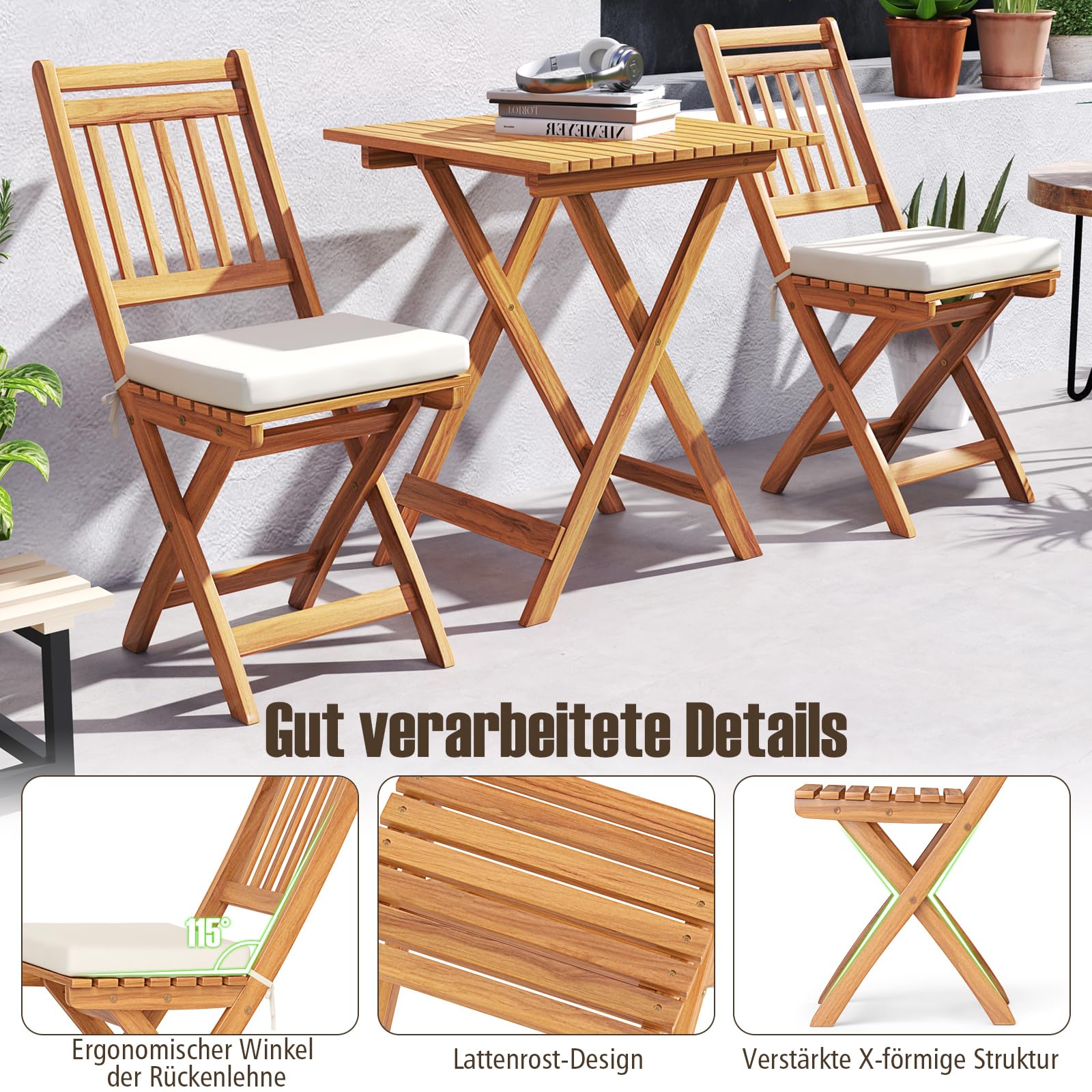 COSTWAY 3tlg. Balkonmöbel Set, Bistrotisch mit 2 Stühlen, klappbares Balkonset aus Akazienholz mit 2 Kissen, Bistroset, Gartengarnitur, Gartenmöbel, Sitzgruppe für Balkon, Garten (Vertikal)