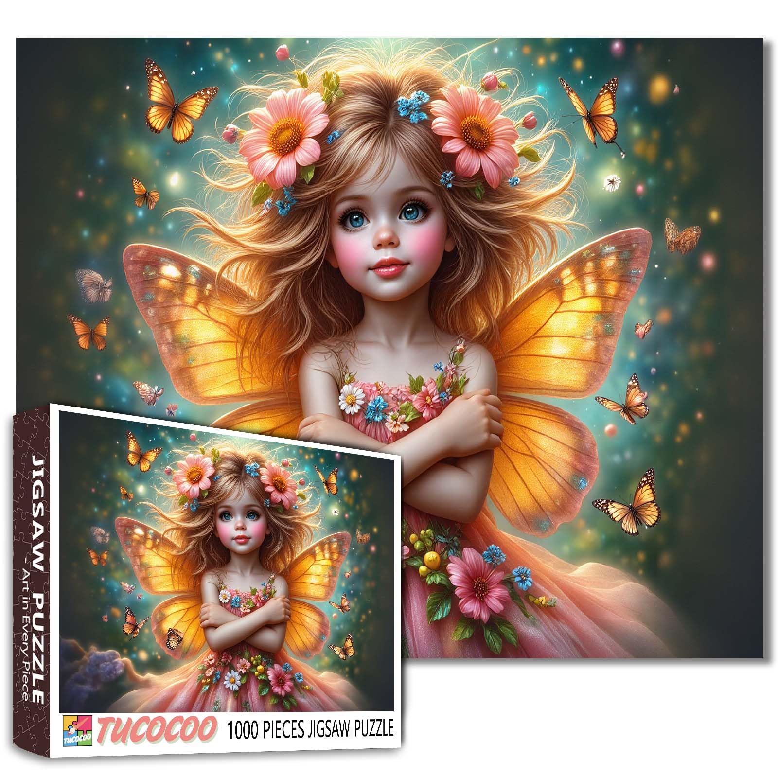 Tucocoo Puzzles for Adults 1000 Piece, Orange Wing Fairy Girl Surrounded by Butterflies, Fantasy Puzzle for Relaxation, Enchanted Dreamy Night Sky Scene Puzzle Challenging Jigsaw Gift Home Decor