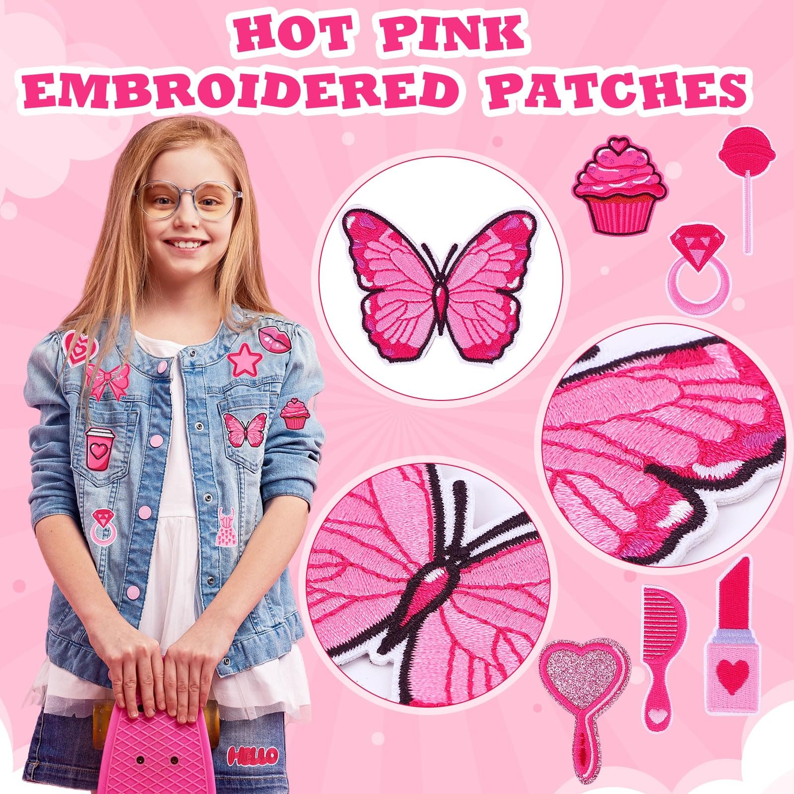 AUGSUN 60 parches bordados de color rosa intenso, estilos surtidos al azar, parches para planchar para niñas, parches de reparación de apliques de costura, bonitos parches para coser en mochilas,