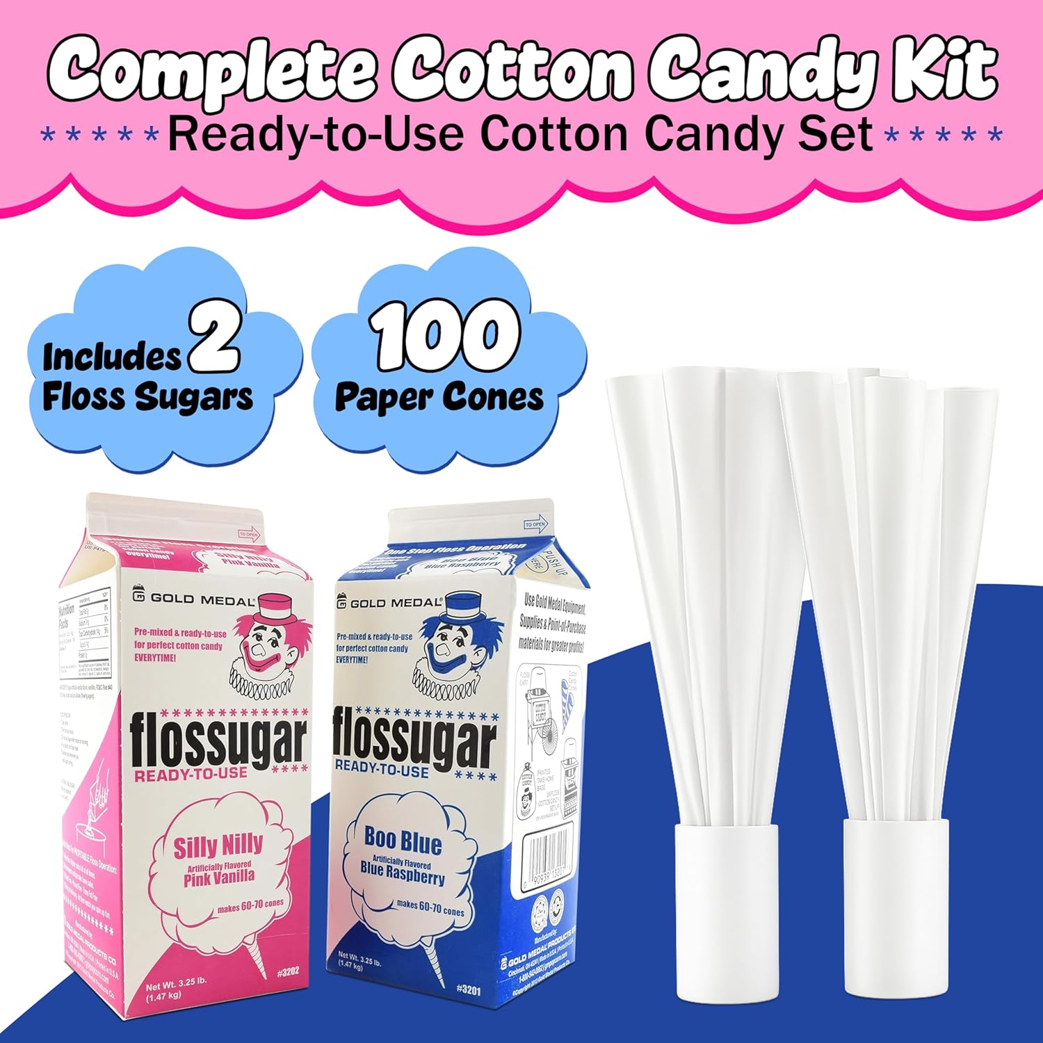 Perfectware 2 Pack Cotton Candy Floss Sugar with 100 Count Paper Cotton Candy Cones. Pink Vanilla and Blue Raspberry. (Two 3.25 lb Containers w/100 Cotton Candy Cones)