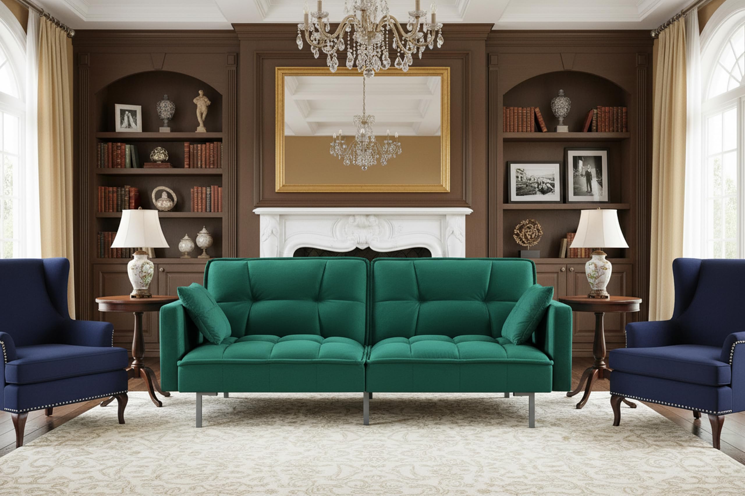 Container Furniture Direct Regal 75.6" Velvet Convertible Sofa Bed - Mid-Century Sleeper Couch w/Tufted Design & Metal Legs - Pull-Out Futon for Guests/Home (75.6" W x 34.6" D x 32" H), Green