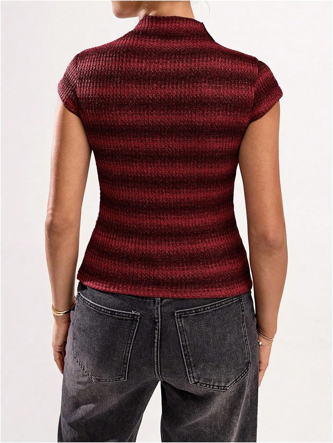 SOLY HUX Women's Striped Shirt Button Down T-Shirts Mock Neck Cap Sleeve Fitted Going Out Tops