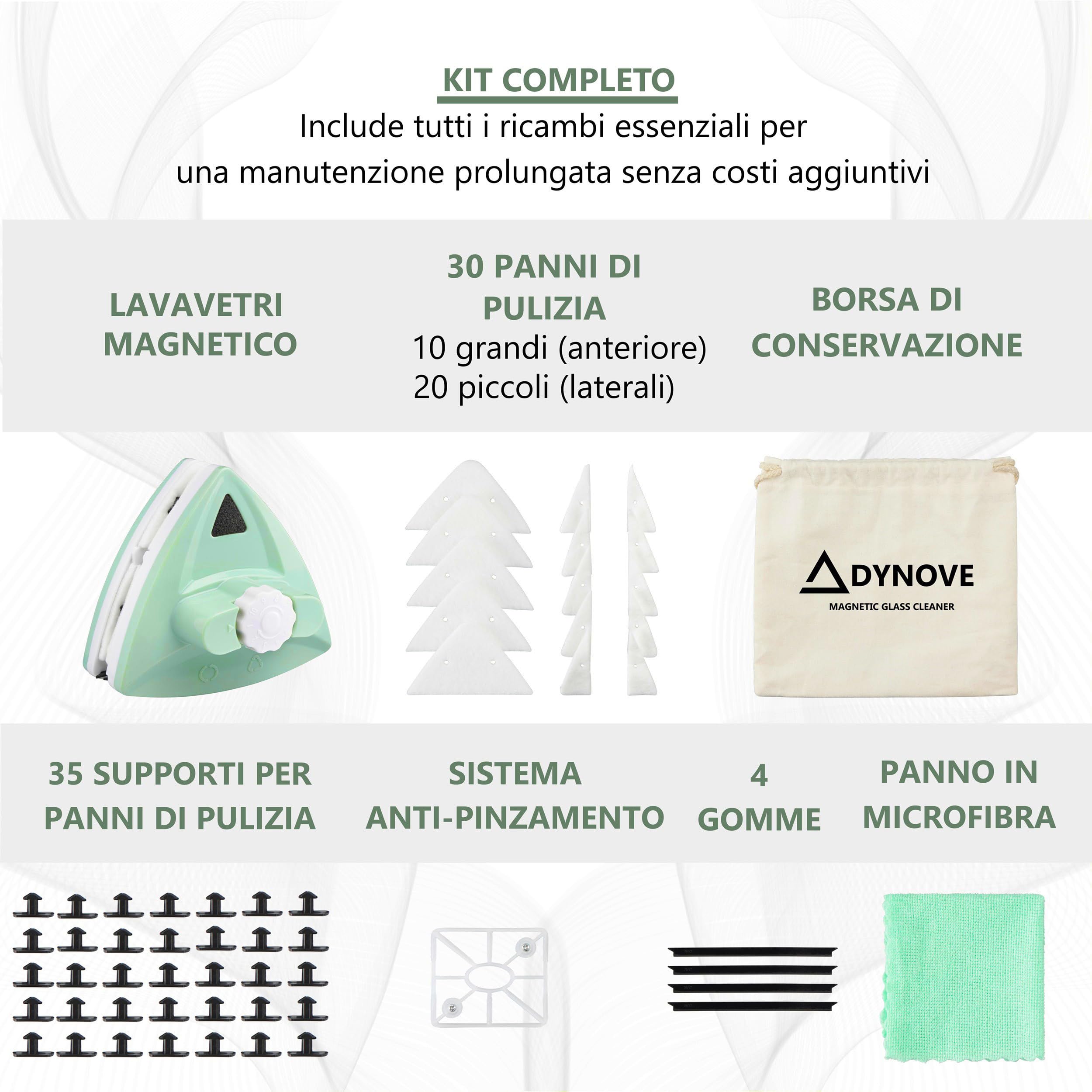 Lavavetri Magnetico per Doppio Vetro Regolabile 5-25 mm - Pulisci Vetri Magnetico Doppio Vetro con 10 Livelli di Regolazione, 30 panni di Pulizia, 4 Gomme, 1 Panno in Microfibra e 1 Borsa