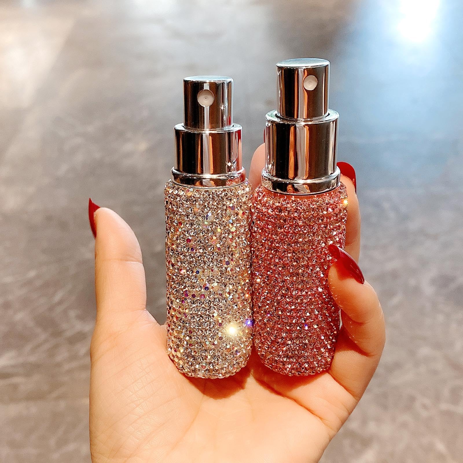 Parfümzerstäuber 10ml Glasflasche Nachfüllbar Diamant Reise Spray Flakon für Bad Auto Wohnzimmer Kosmetiktasche Geschenk, Weiß+Rosa