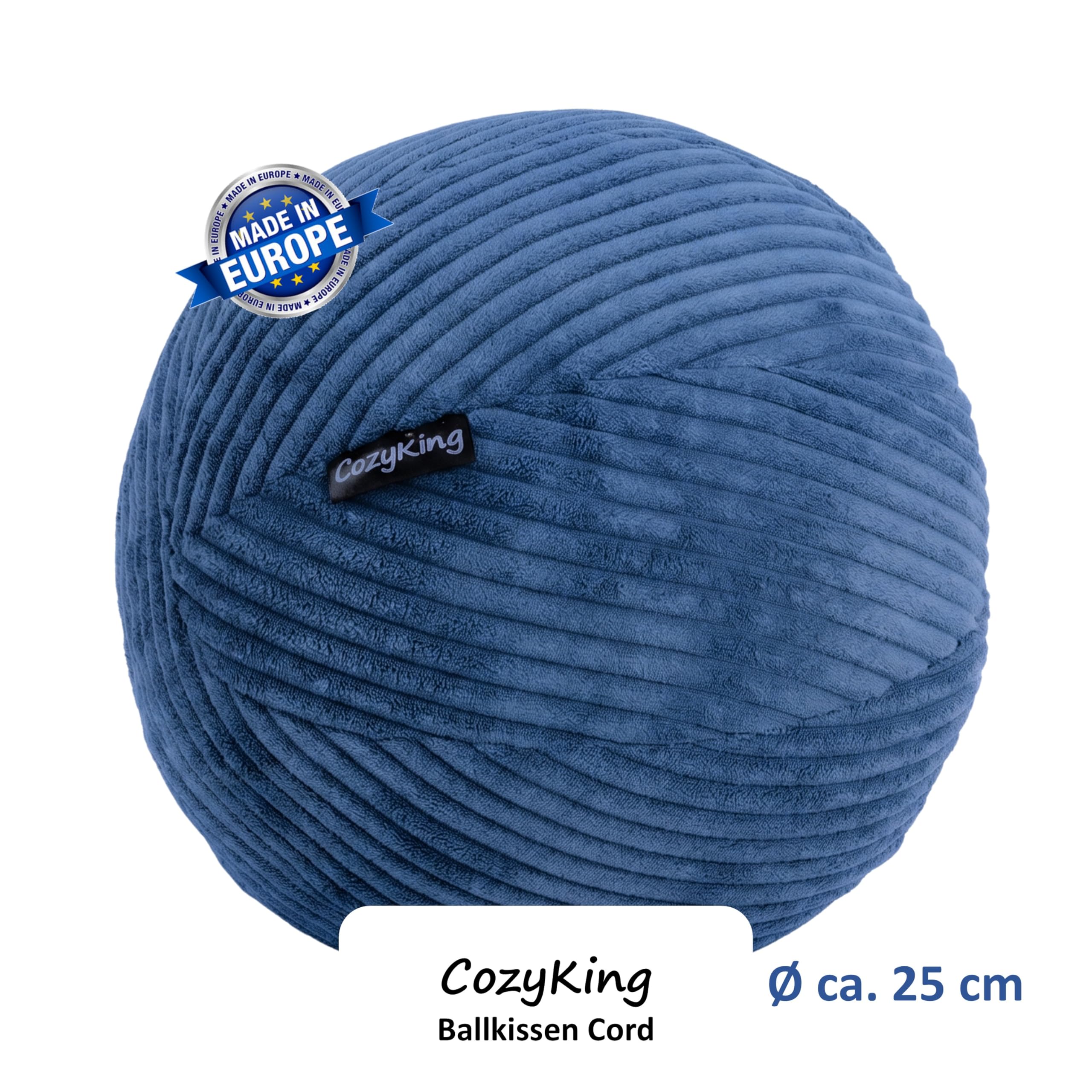 CozyKing Ball-Kissen Kugelkissen Cord Blau Spiel-Kissen rundes plüsch Kuschelkissen Kugel Öko-Tex 100 Zertifiziert und 40°C waschbar - Dekokissen für Sofa, Wohnzimmer oder Kinder-Zimmer