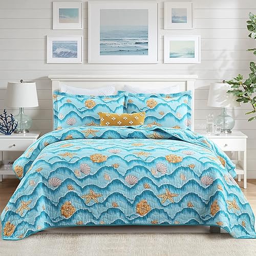 Miniatura 1 de Finlonte Juego de edredón tamaño Queen, bonito diseño de rayas blancas y azul marino para niños y niños, colcha ligera de algodón, transpirable,