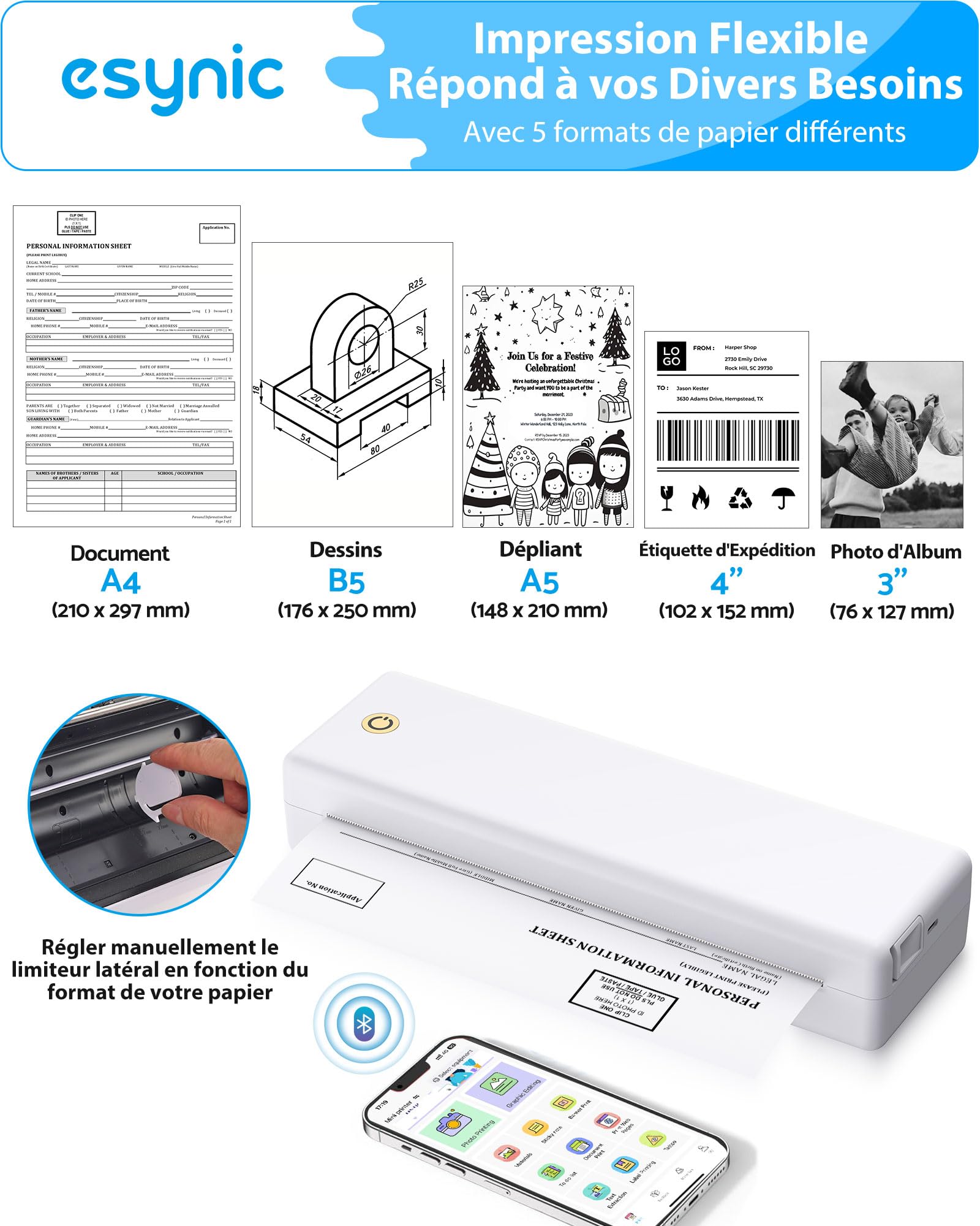 eSynic Imprimante Thermique Portable A4 Bluetooth USB Compatible iOS Android Windows MacOS