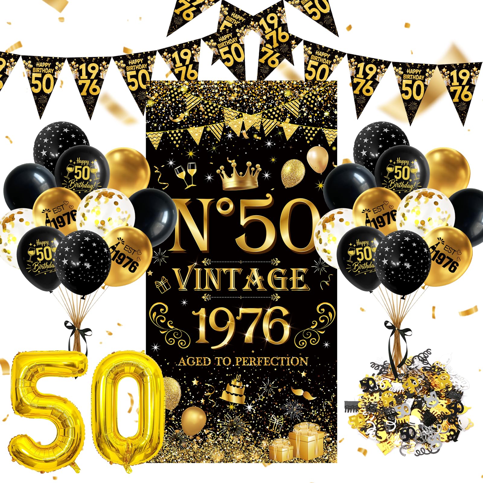 50th Birthday Decorations for Men Women, Vintage 1976 Black Gold Supplies — image 1